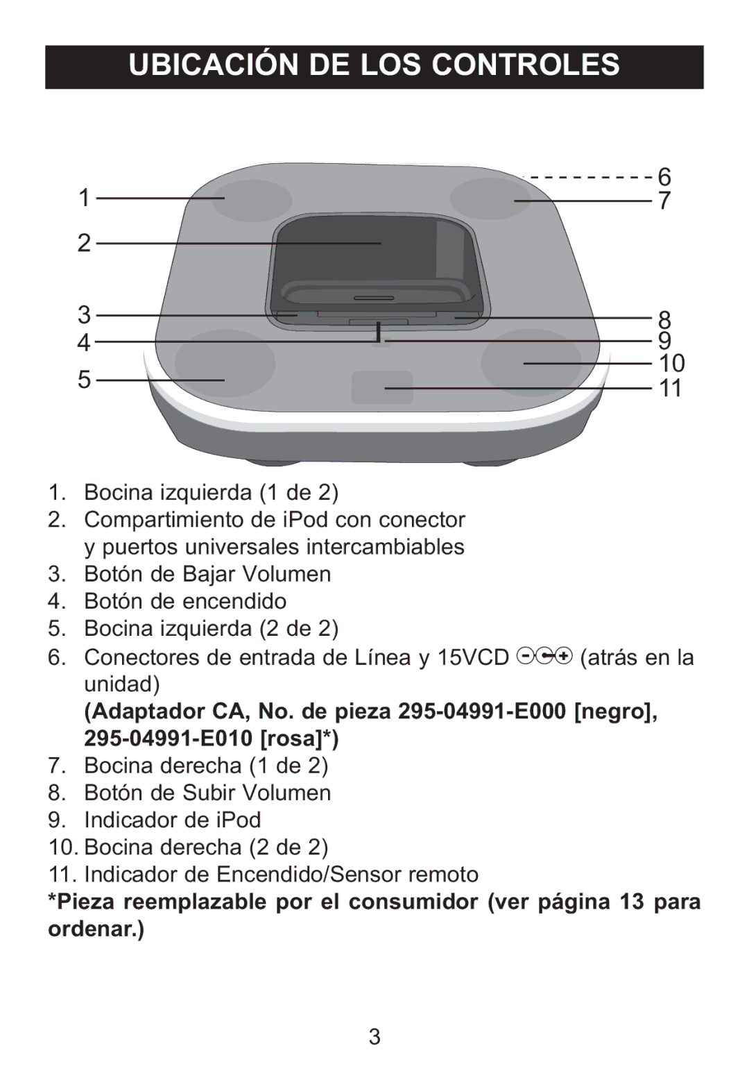 Memorex Mi2031-BLK, Mi2031-PNK manual E000 negro, Adaptador CA, No. de pieza, 295-04991-E010 rosa 