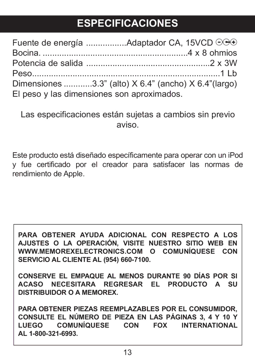 Memorex Mi2031-BLK, Mi2031-PNK manual Especificaciones 