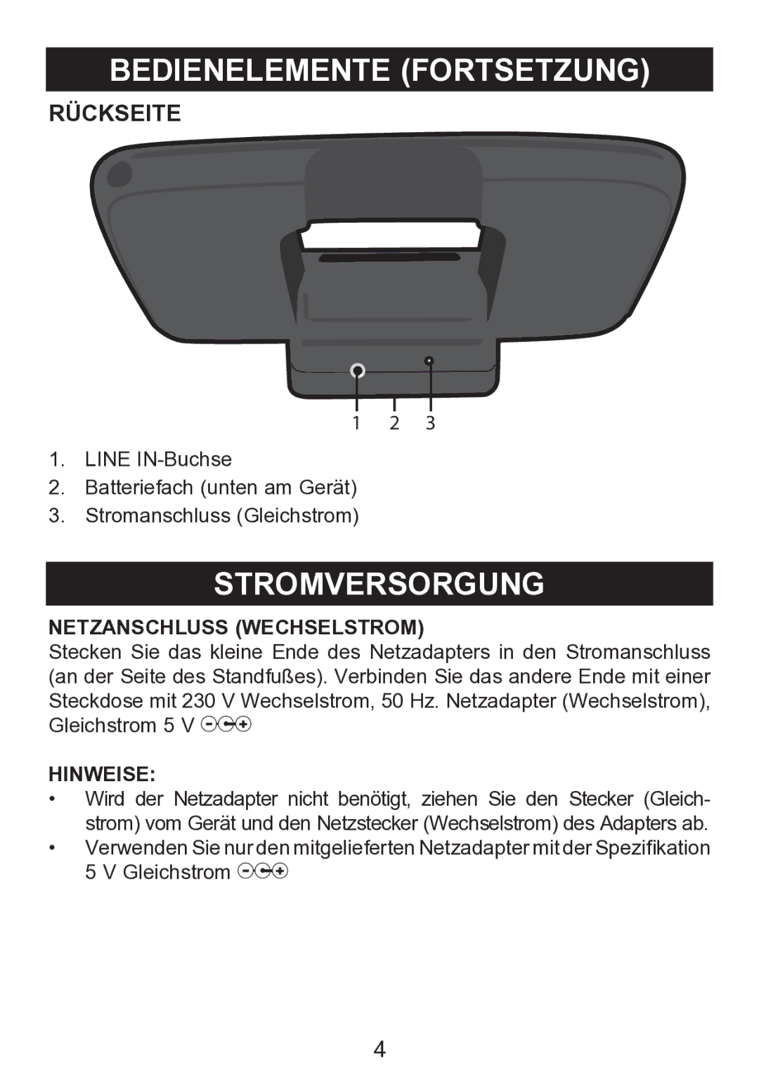 Memorex mi2290 manual Bedienelemente Fortsetzung, Stromversorgung, Rückseite, Netzanschluss Wechselstrom, Hinweise 