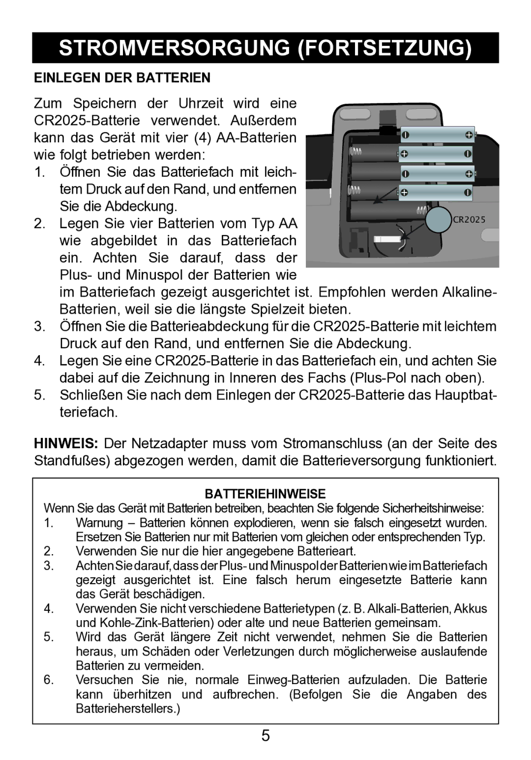 Memorex mi2290 manual Stromversorgung Fortsetzung, Batteriehinweise 