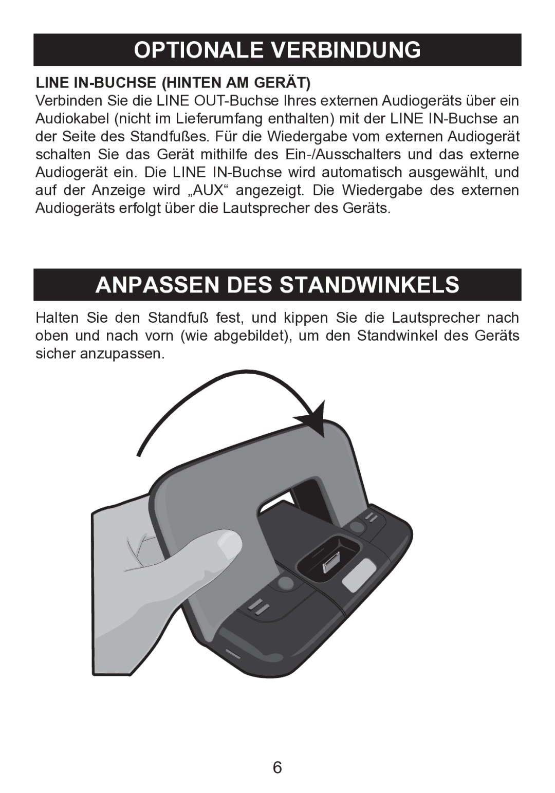 Memorex mi2290 manual Optionale Verbindung, Anpassen DES Standwinkels, Line IN-BUCHSE Hinten AM Gerät 