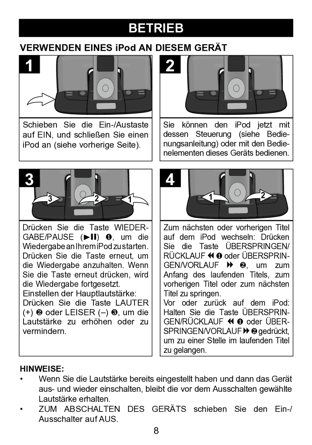 Memorex mi2290 manual Betrieb, Verwenden Eines iPod AN Diesem Gerät 