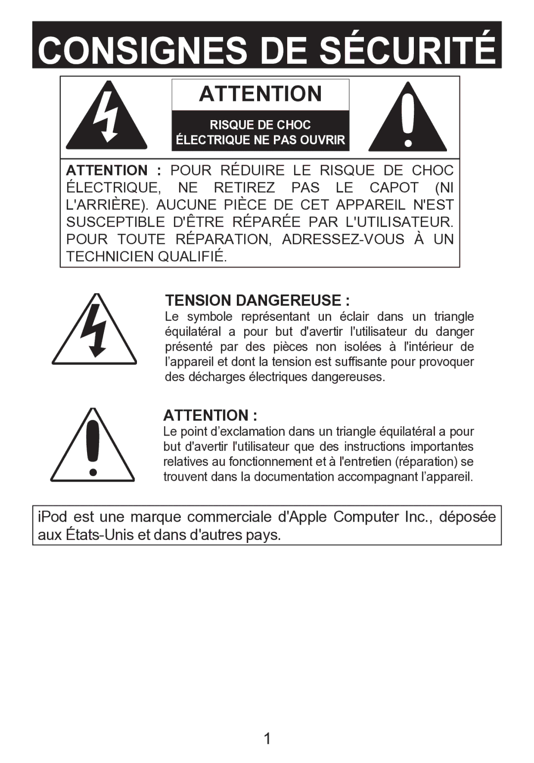 Memorex mi2290 manual Consignes DE Sécurité, Tension Dangereuse 