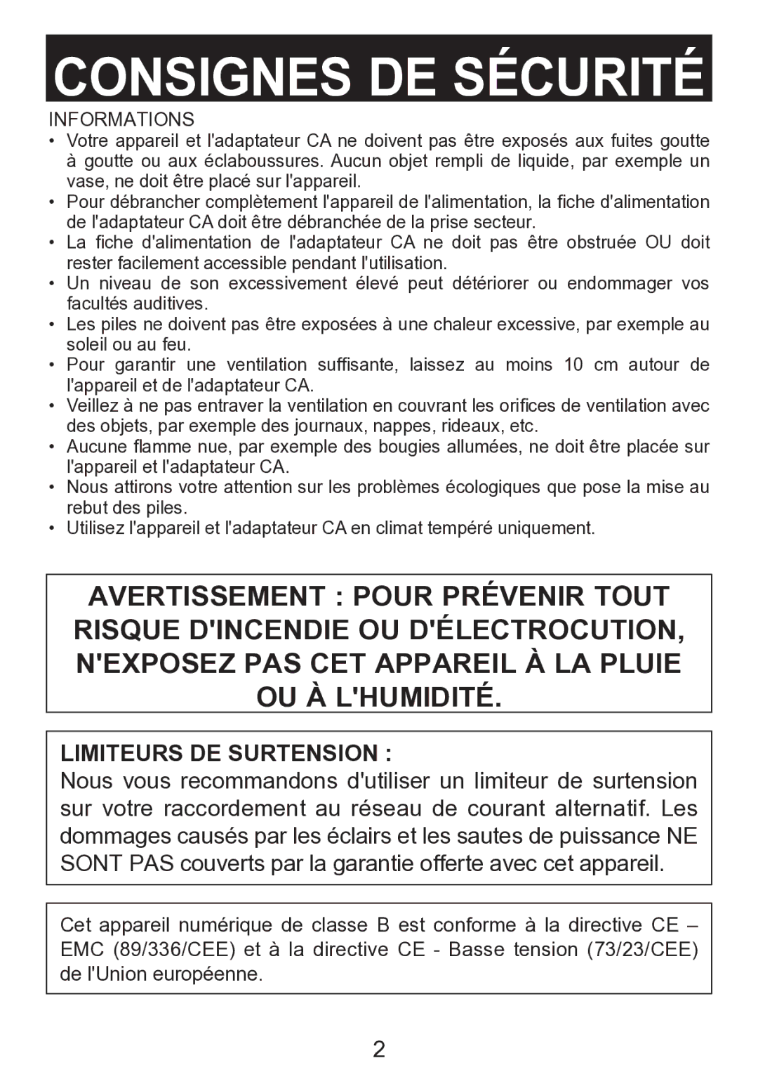 Memorex mi2290 manual Limiteurs DE Surtension, Informations 