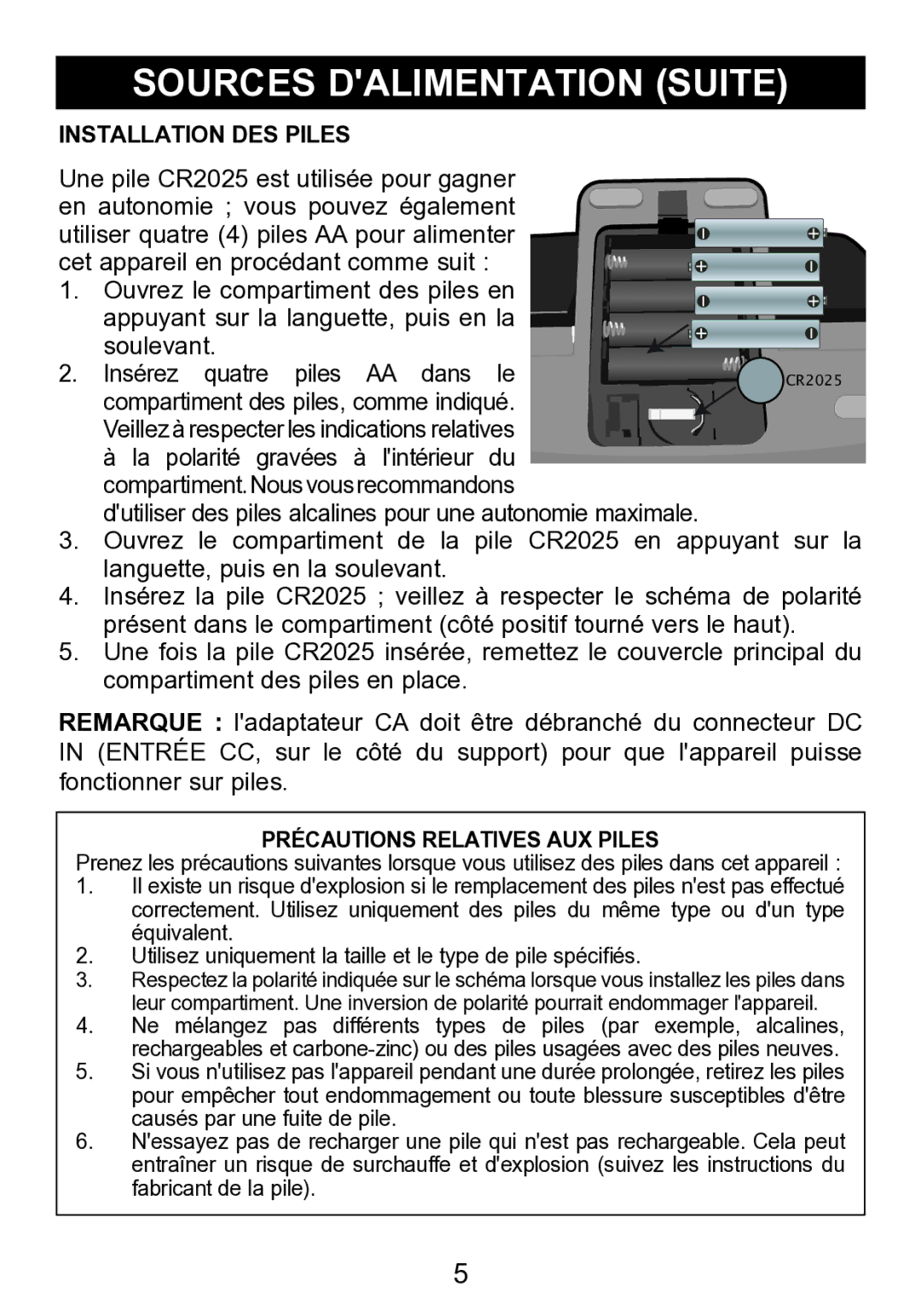 Memorex mi2290 manual Sources Dalimentation Suite, Précautions Relatives AUX Piles 