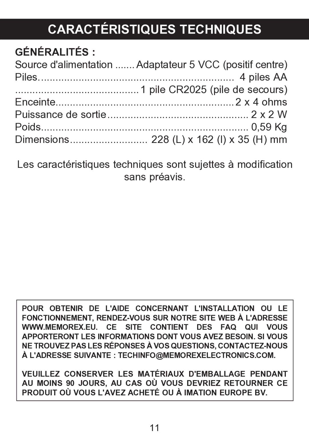 Memorex mi2290 manual Caractéristiques Techniques, Généralités 