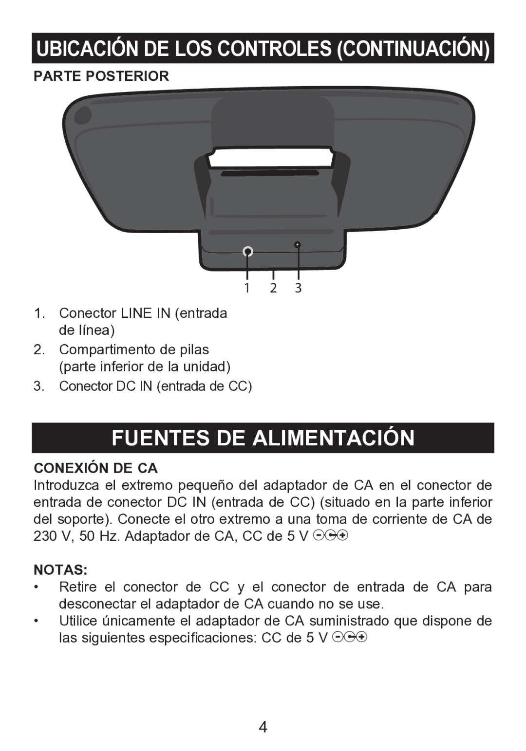 Memorex mi2290 manual Fuentes DE Alimentación, Parte Posterior, Conexión DE CA, Notas 