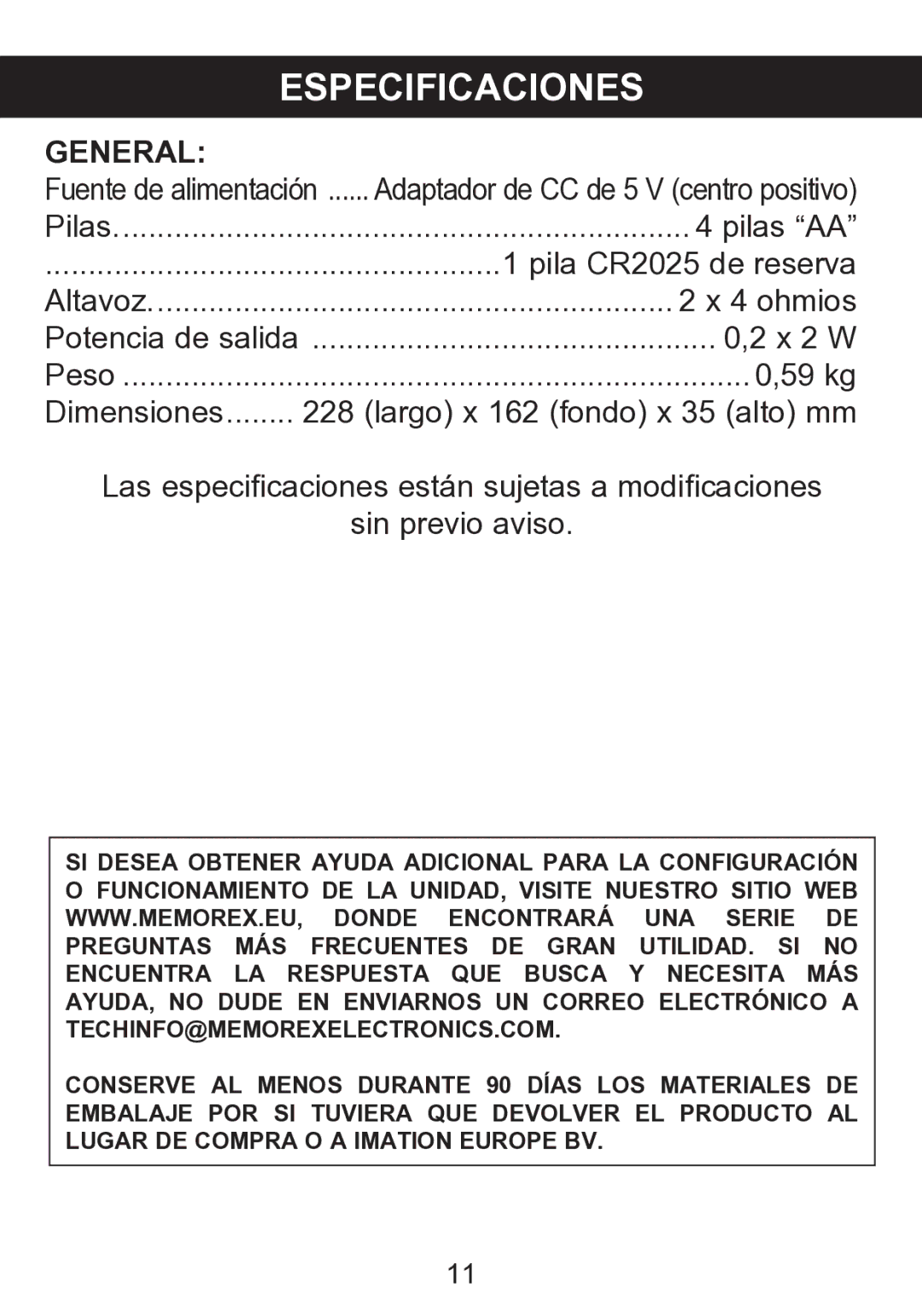 Memorex mi2290 manual Especificaciones 