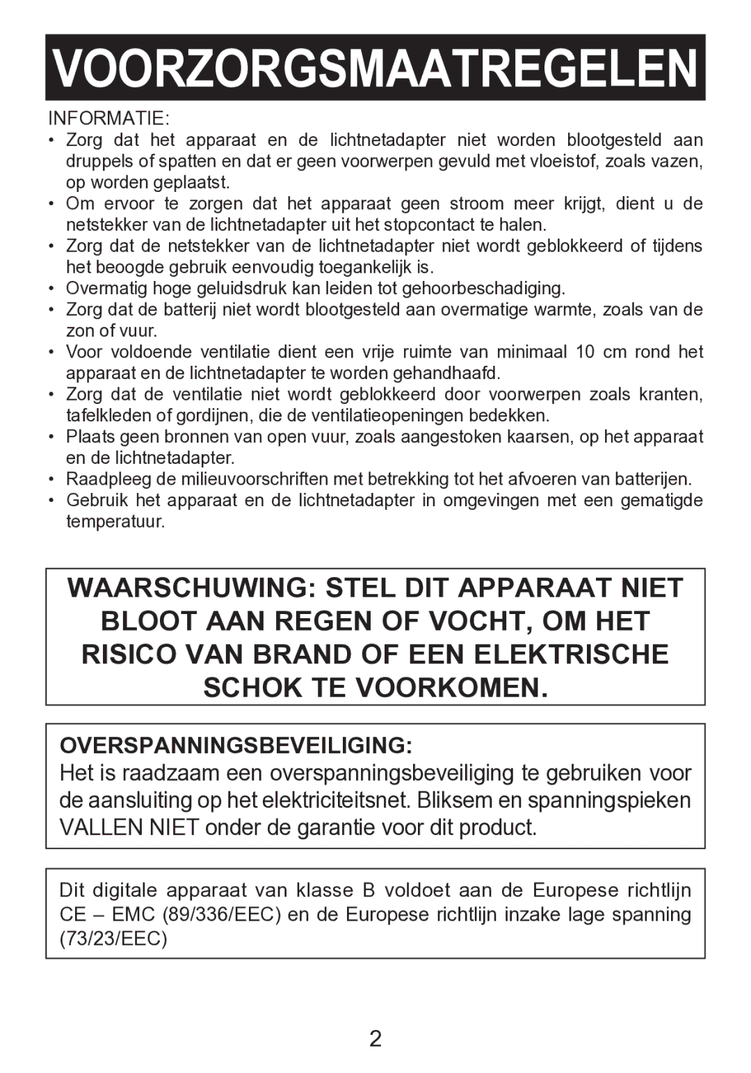 Memorex mi2290 manual Overspanningsbeveiliging, Informatie 