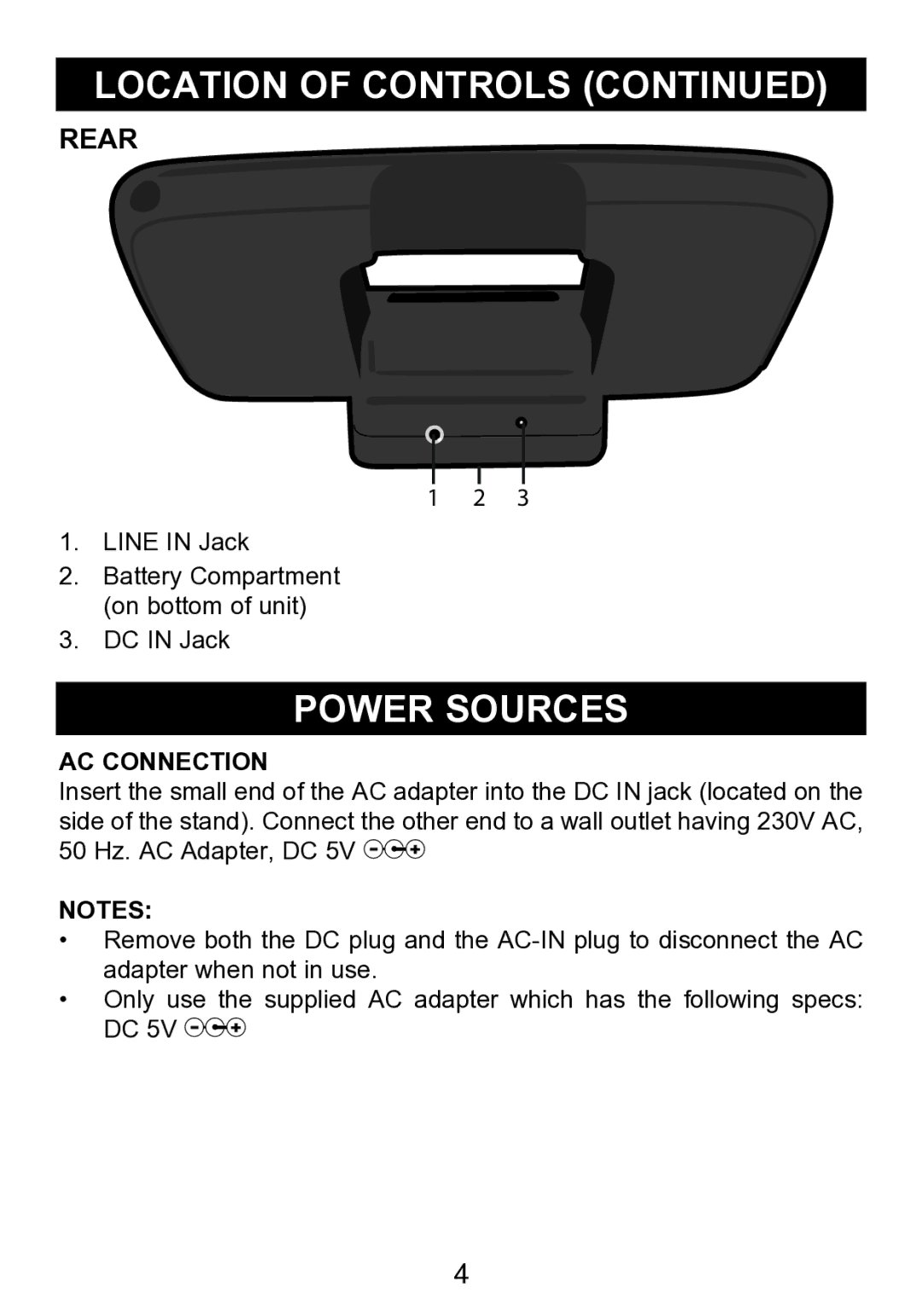 Memorex mi2290 manual Power Sources, Rear, AC Connection 