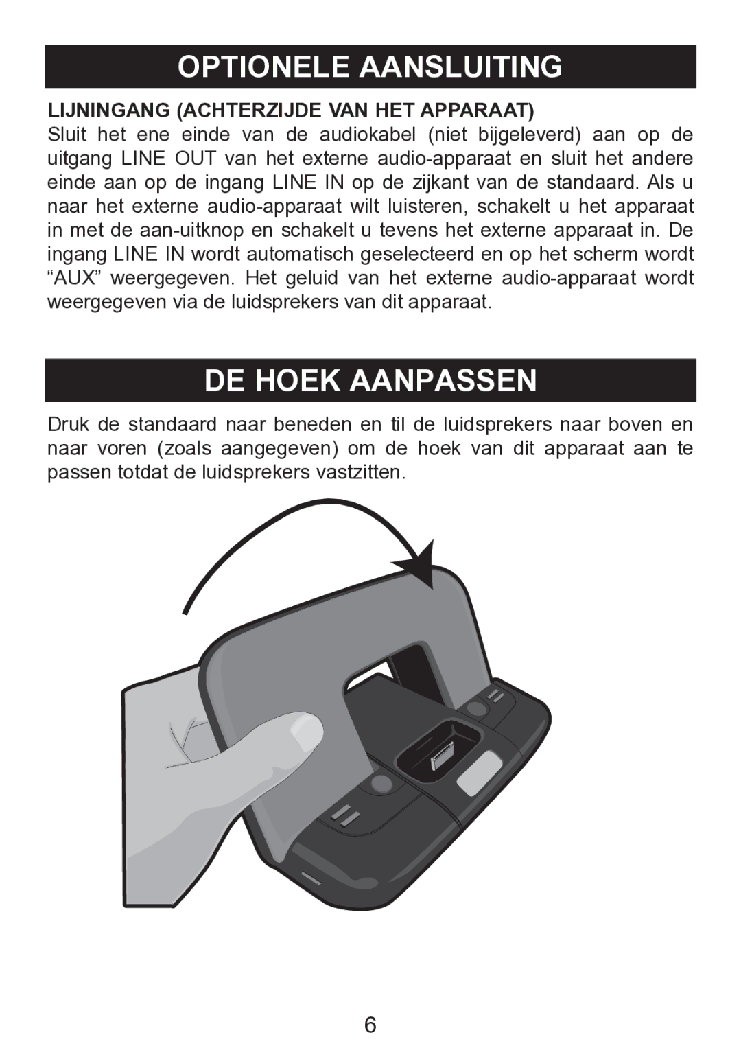 Memorex mi2290 manual Optionele Aansluiting, DE Hoek Aanpassen, Lijningang Achterzijde VAN HET Apparaat 