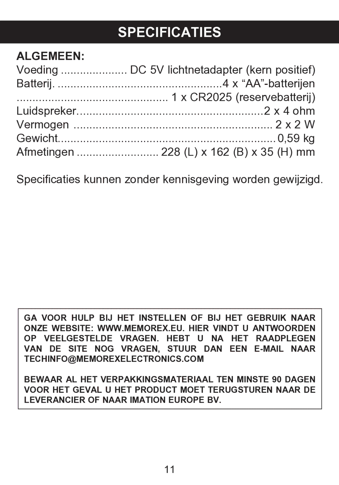 Memorex mi2290 manual Specificaties, Algemeen 