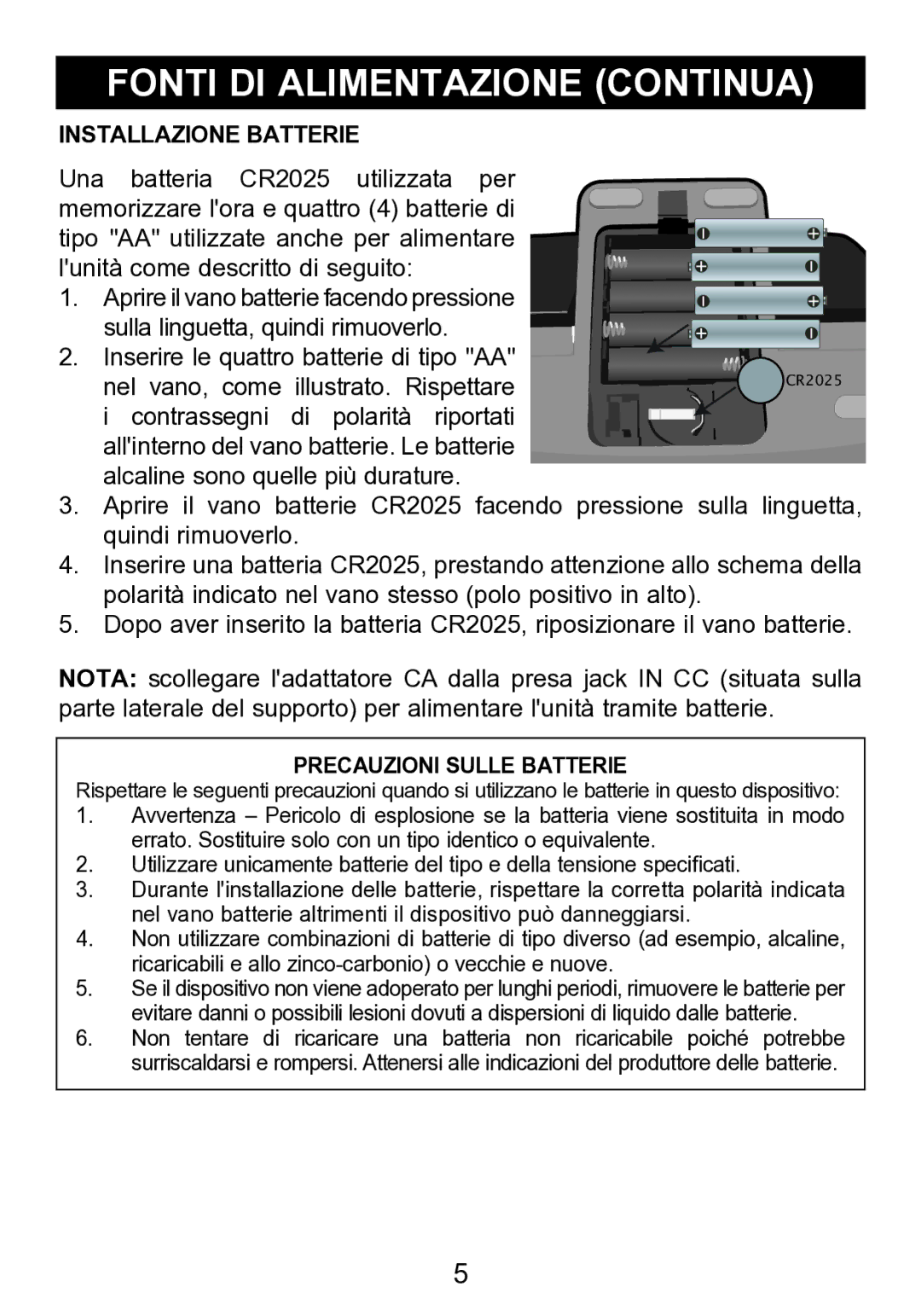 Memorex mi2290 manual Fonti DI Alimentazione Continua, Precauzioni Sulle Batterie 