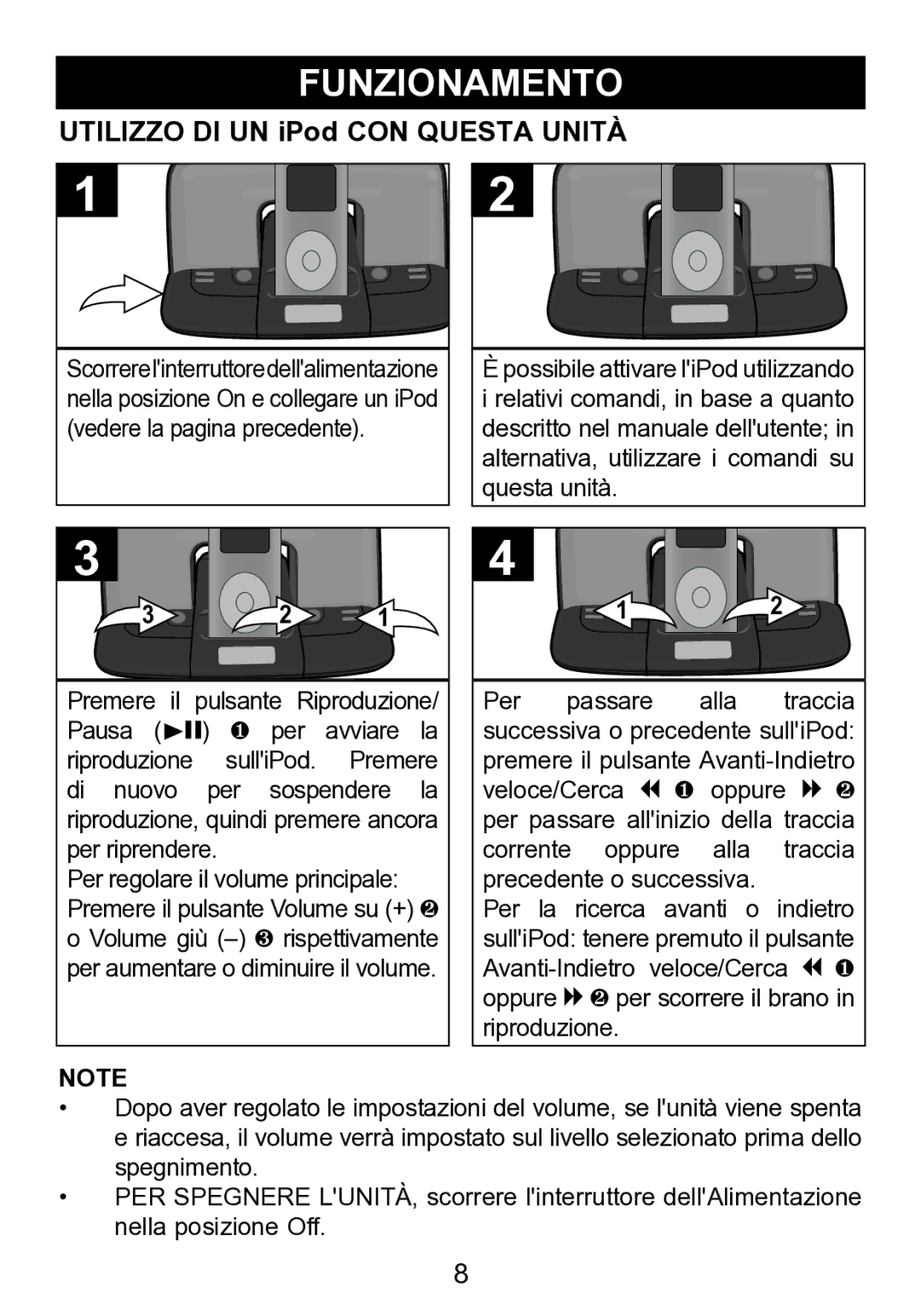 Memorex mi2290 manual Funzionamento, Utilizzo DI UN iPod CON Questa Unità 