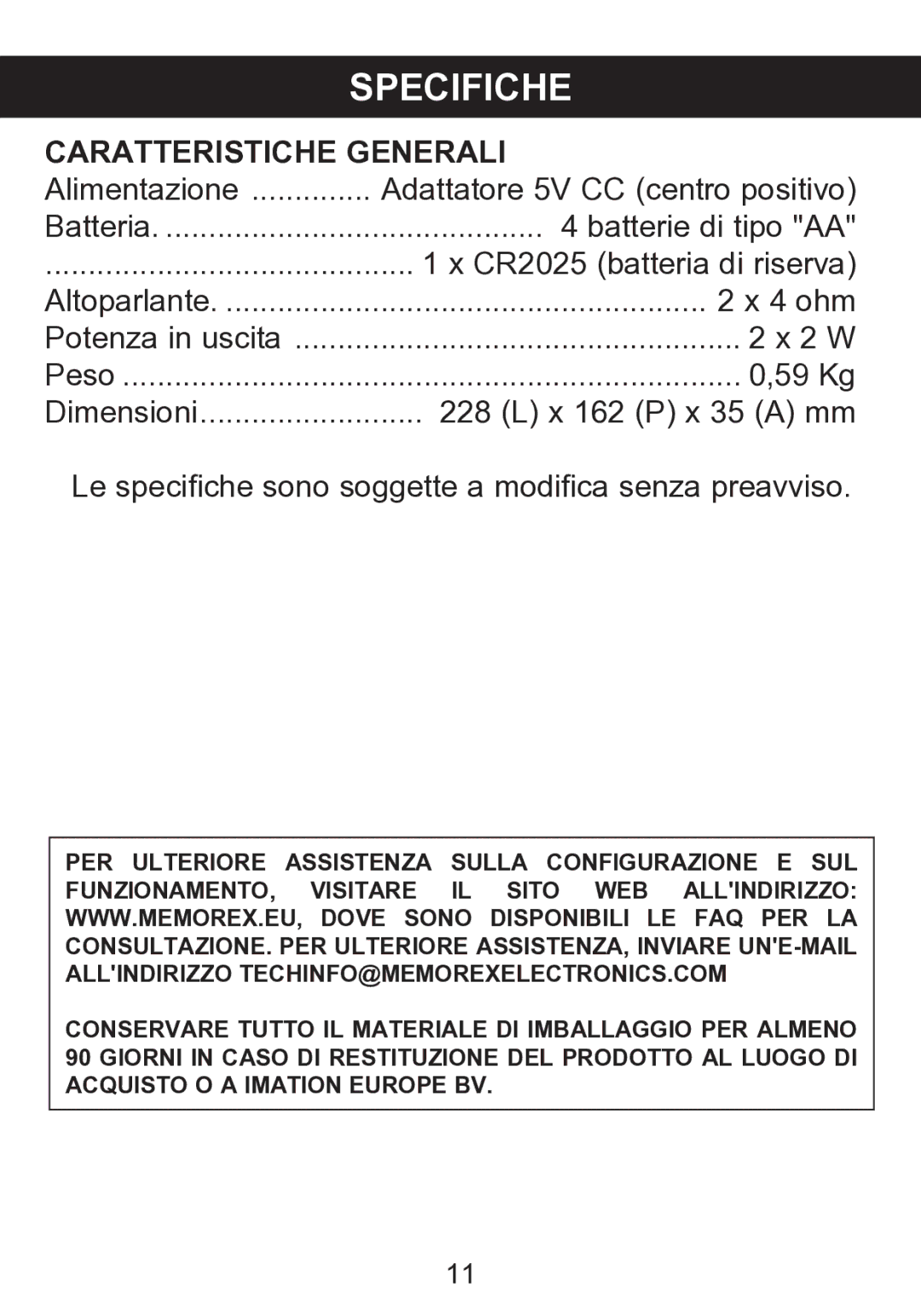 Memorex mi2290 manual Specifiche, Caratteristiche Generali 