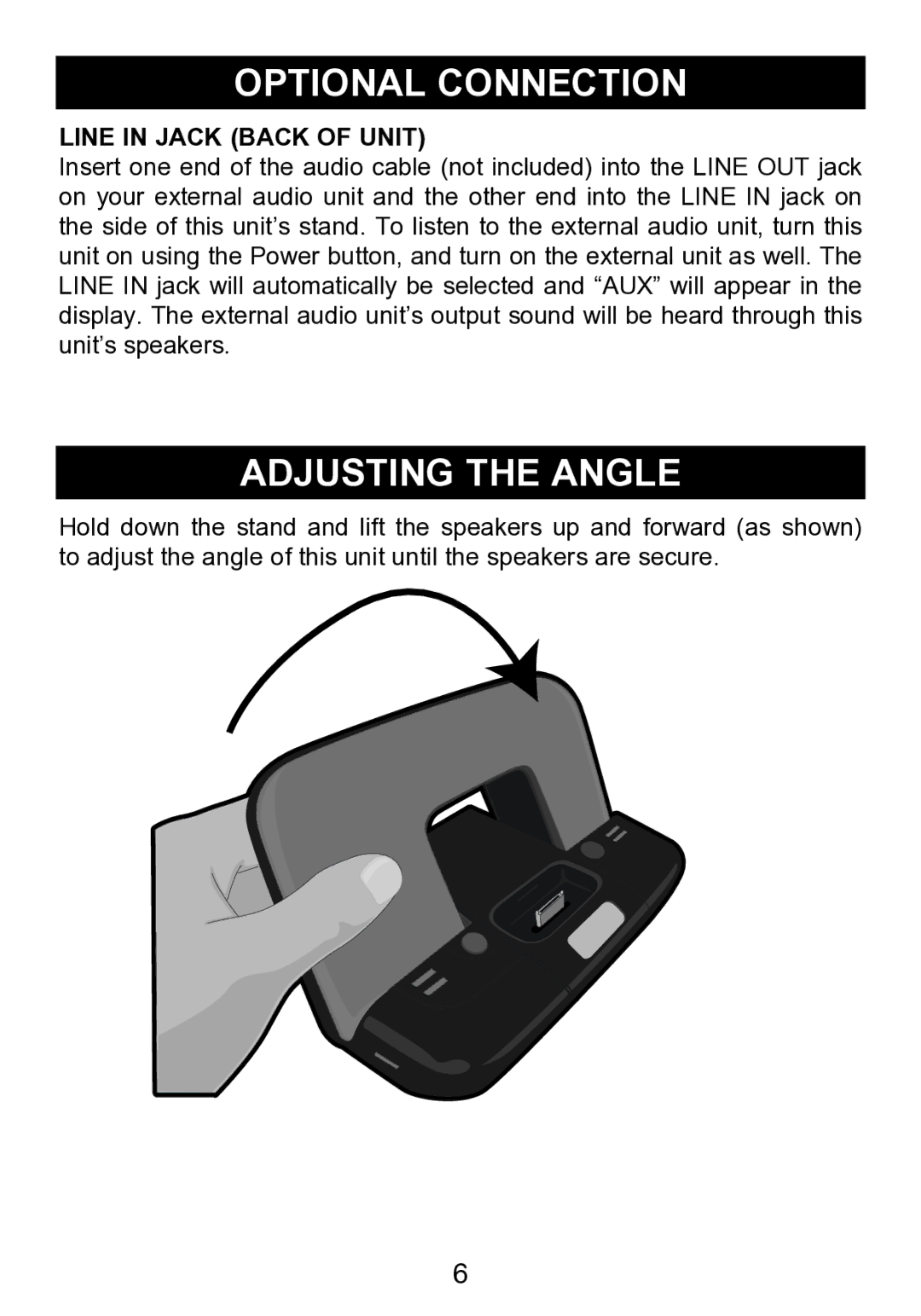 Memorex mi2290 manual Optional Connection, Adjusting the Angle, Line in Jack Back of Unit 