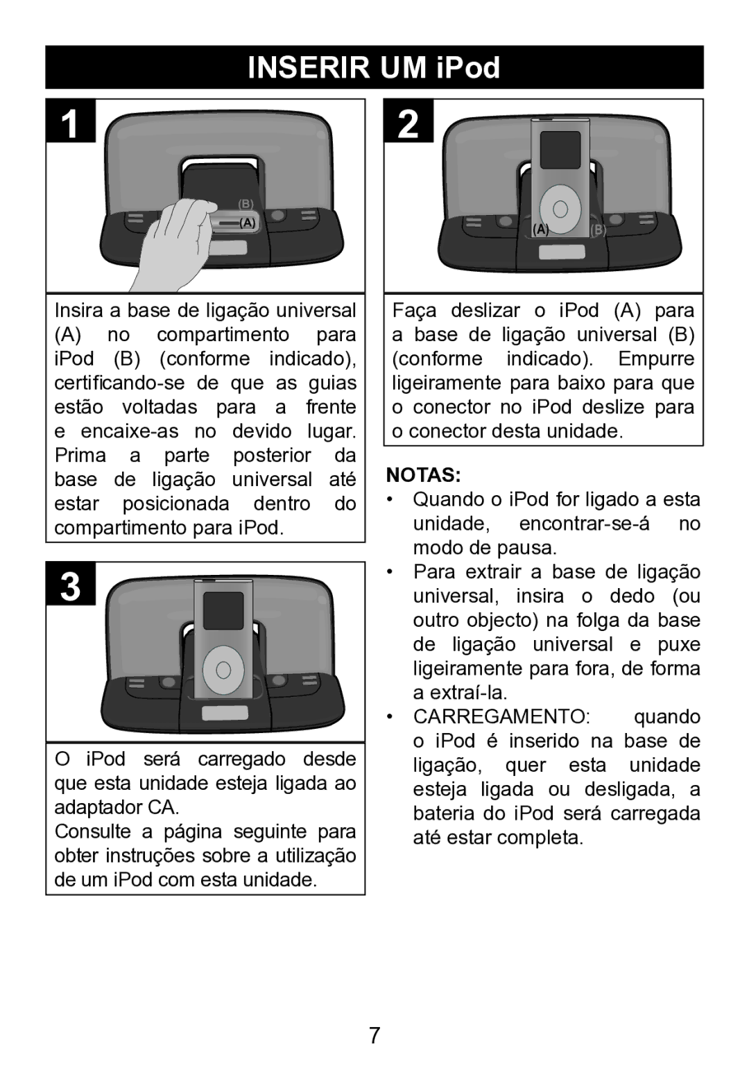 Memorex mi2290 manual Inserir UM iPod, Notas 