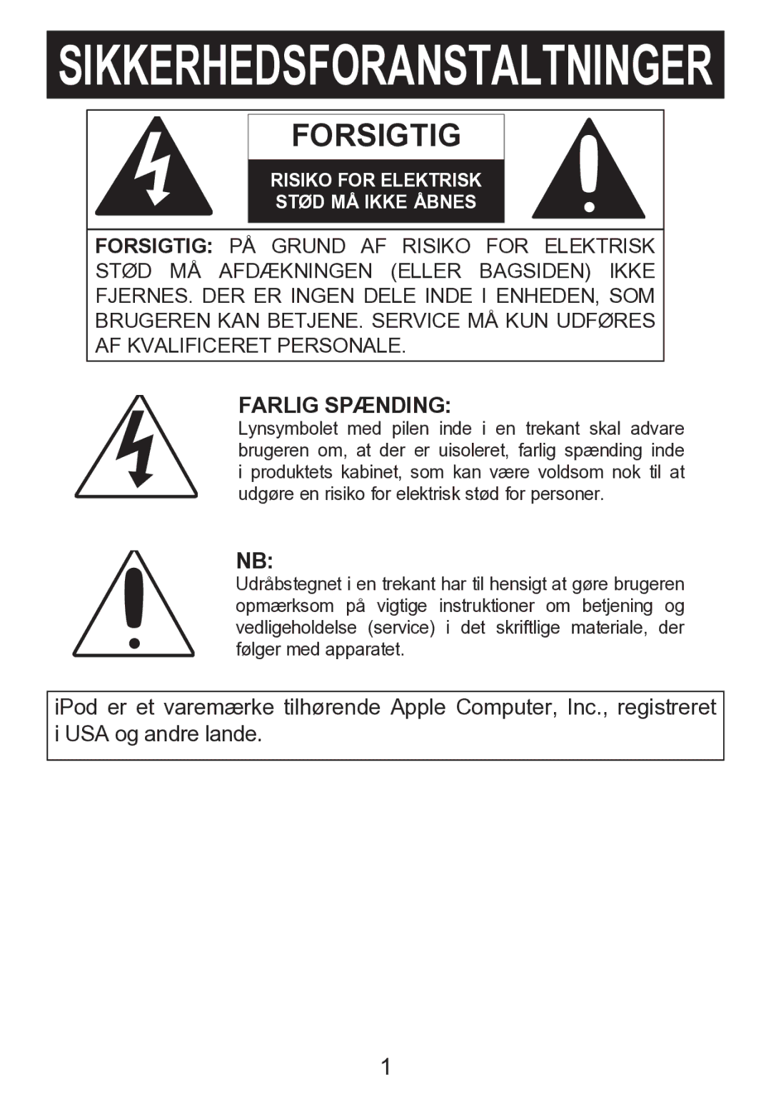 Memorex mi2290 manual Sikkerhedsforanstaltninger, Farlig Spænding 