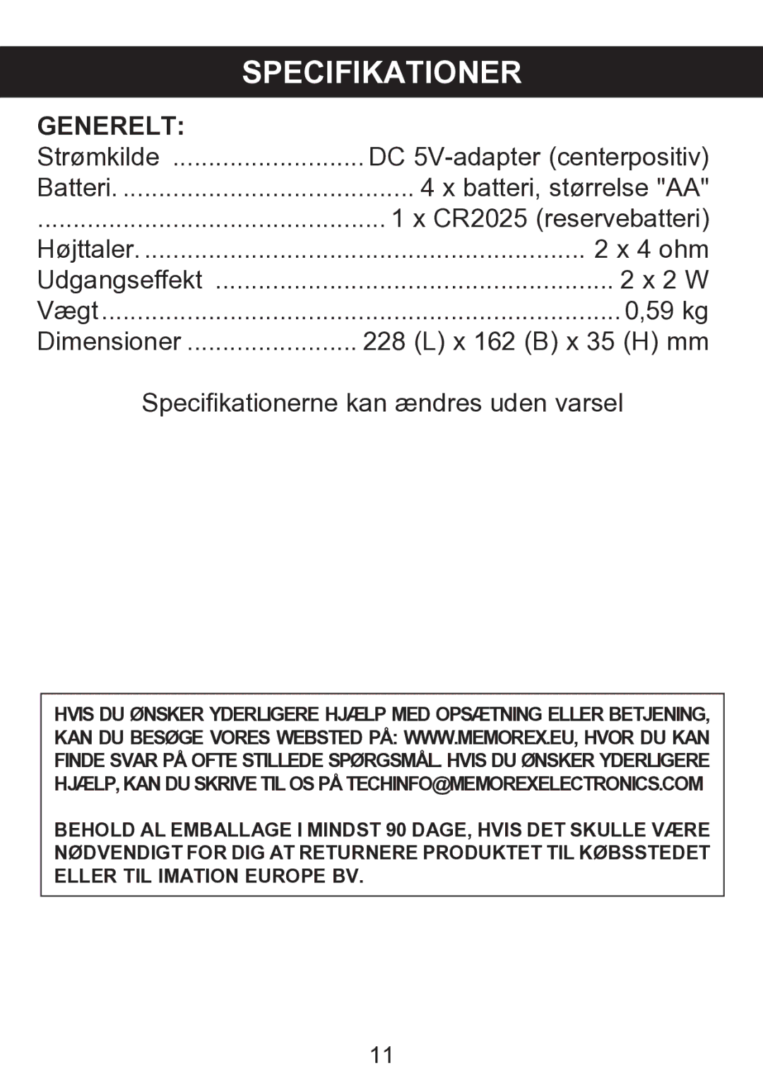 Memorex mi2290 manual Specifikationer, Generelt 