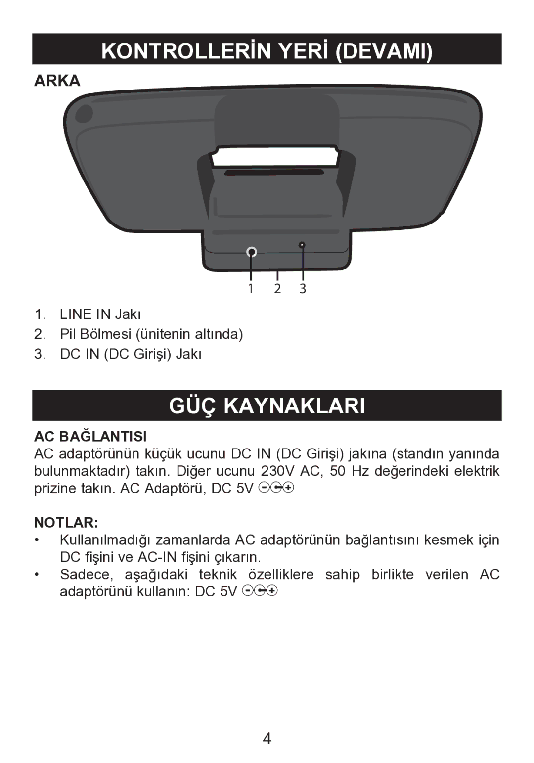 Memorex mi2290 manual Kontrollerİn Yerİ Devami, GÜÇ Kaynaklari, Arka, AC Bağlantisi, Notlar 