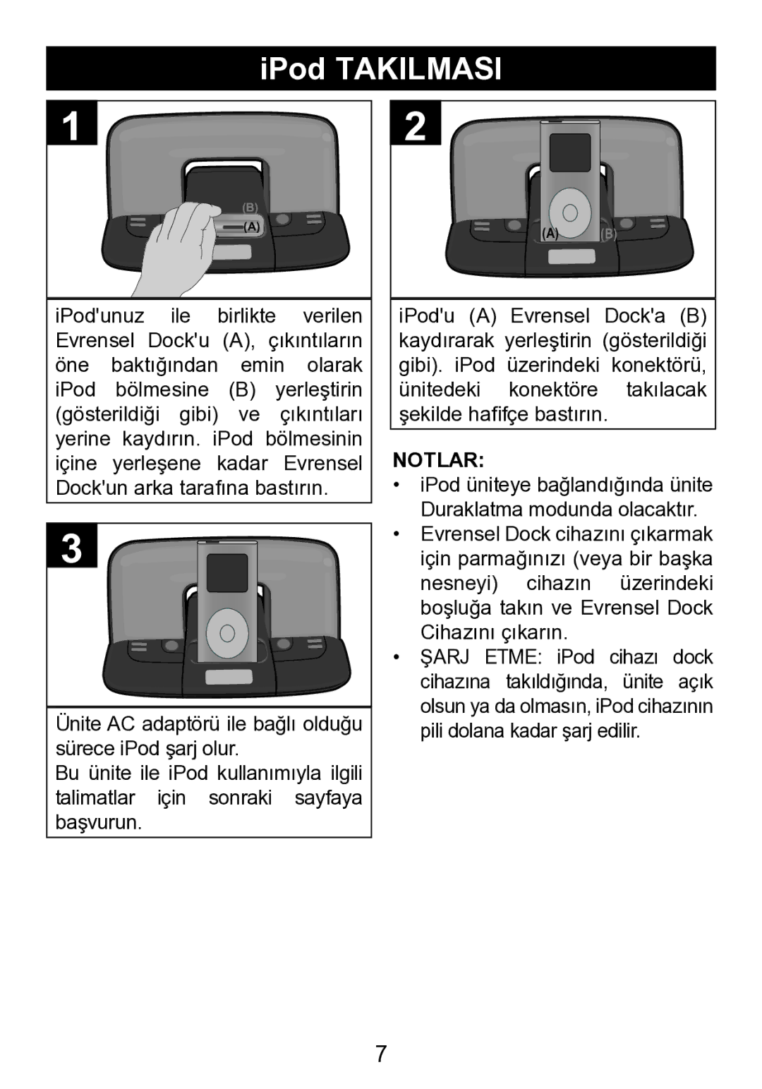 Memorex mi2290 manual IPod Takilmasi, Notlar 