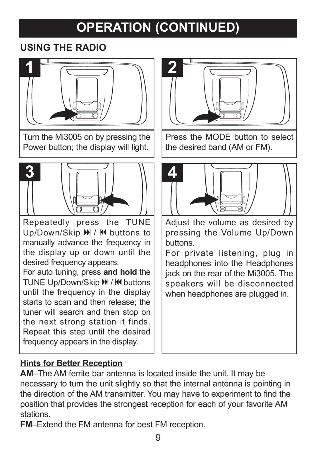 Memorex MI3005 manual Using the Radio, Hints for Better Reception 