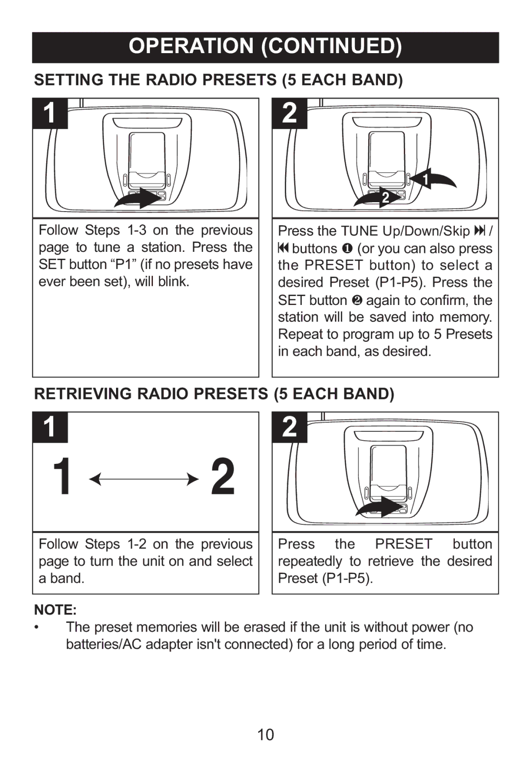 Memorex MI3005 manual Setting the Radio Presets 5 Each Band, Retrieving Radio Presets 5 Each Band 