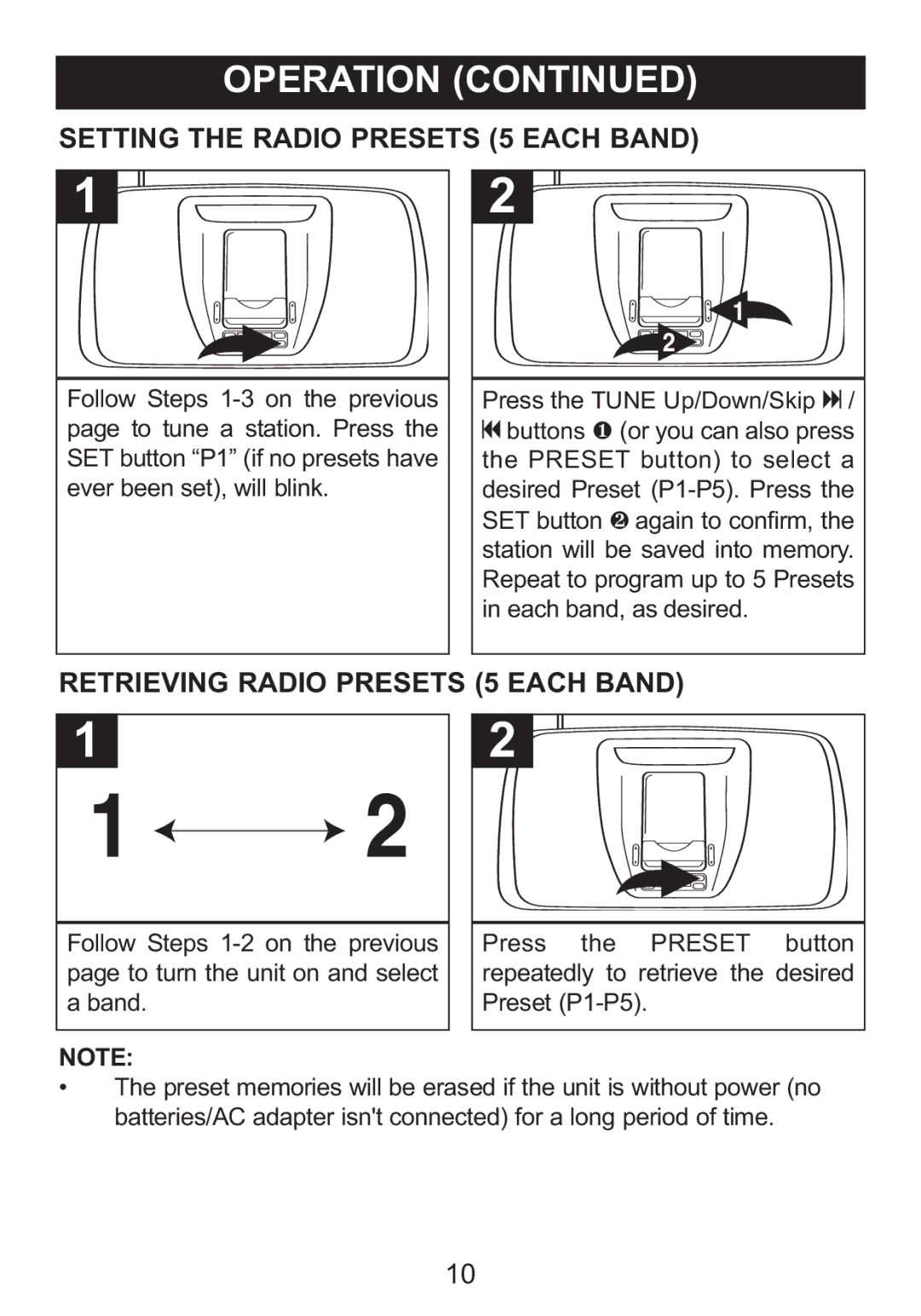 Memorex MI3005 manual Setting the Radio Presets 5 Each Band, Retrieving Radio Presets 5 Each Band, To tune a station. Press 