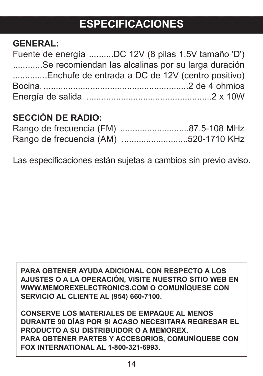 Memorex MI3005 manual Especificaciones 