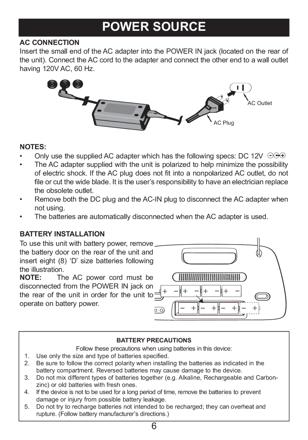 Memorex MI3005 manual AC Connection, Battery Installation 