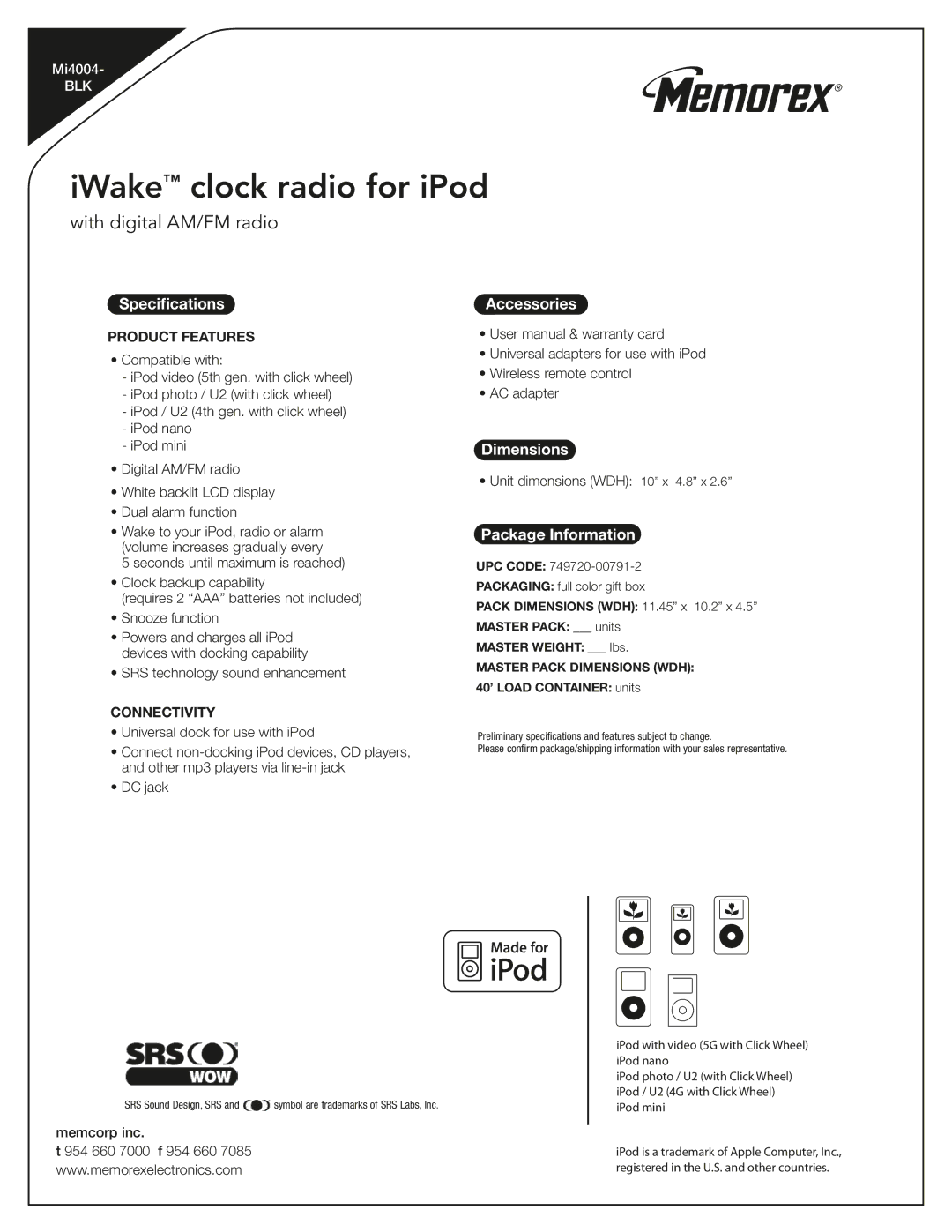 Memorex Mi4004-BLK manual IWake clock radio for iPod, Specifications, Accessories, Dimensions, Package Information 