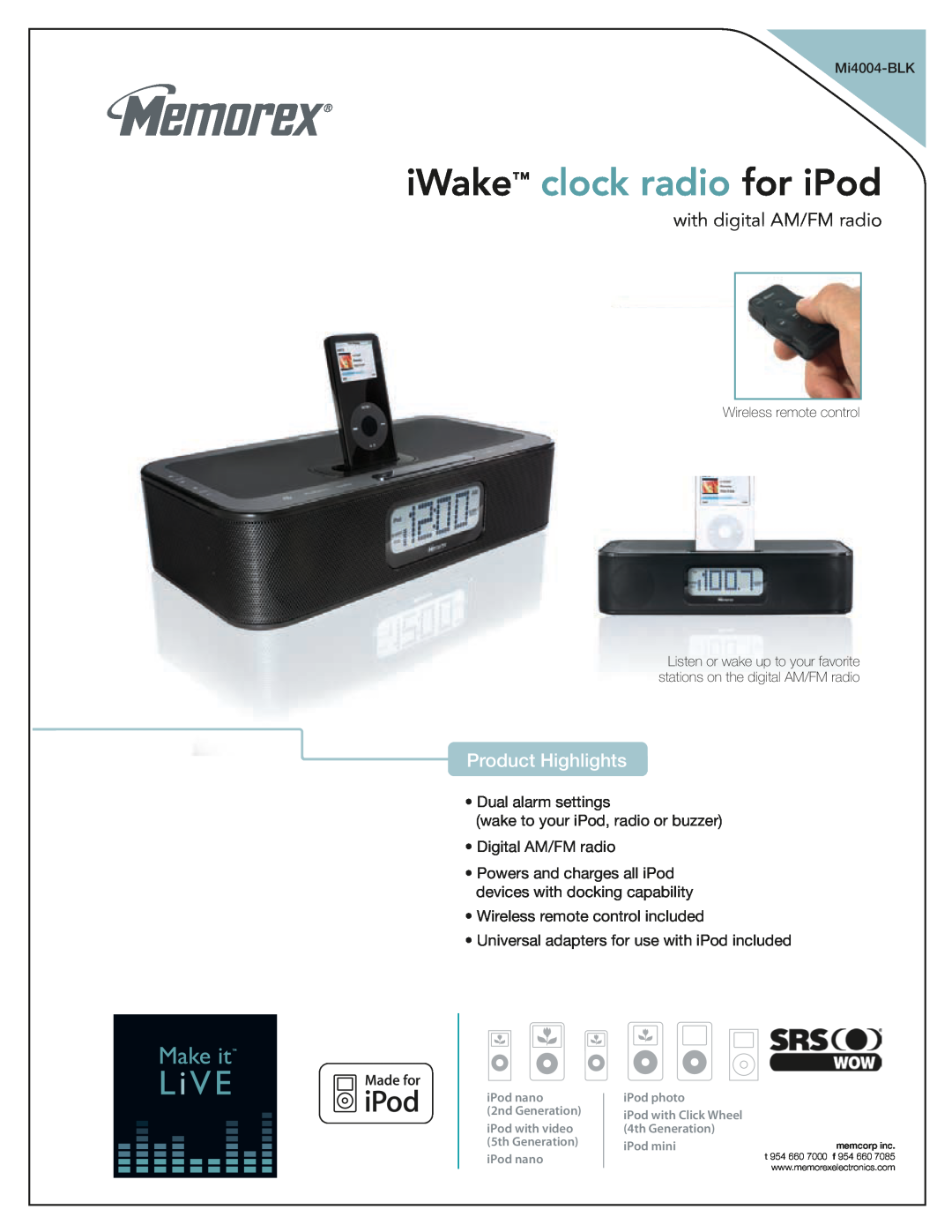 Memorex Mi4004-BLK manual with digital AM/FM radio, iWake clock radio for iPod, Product Highlights 