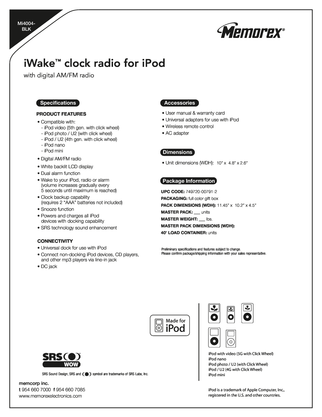 Memorex Mi4004-BLK manual iWake clock radio for iPod, with digital AM/FM radio, Specifications, Accessories, Dimensions 