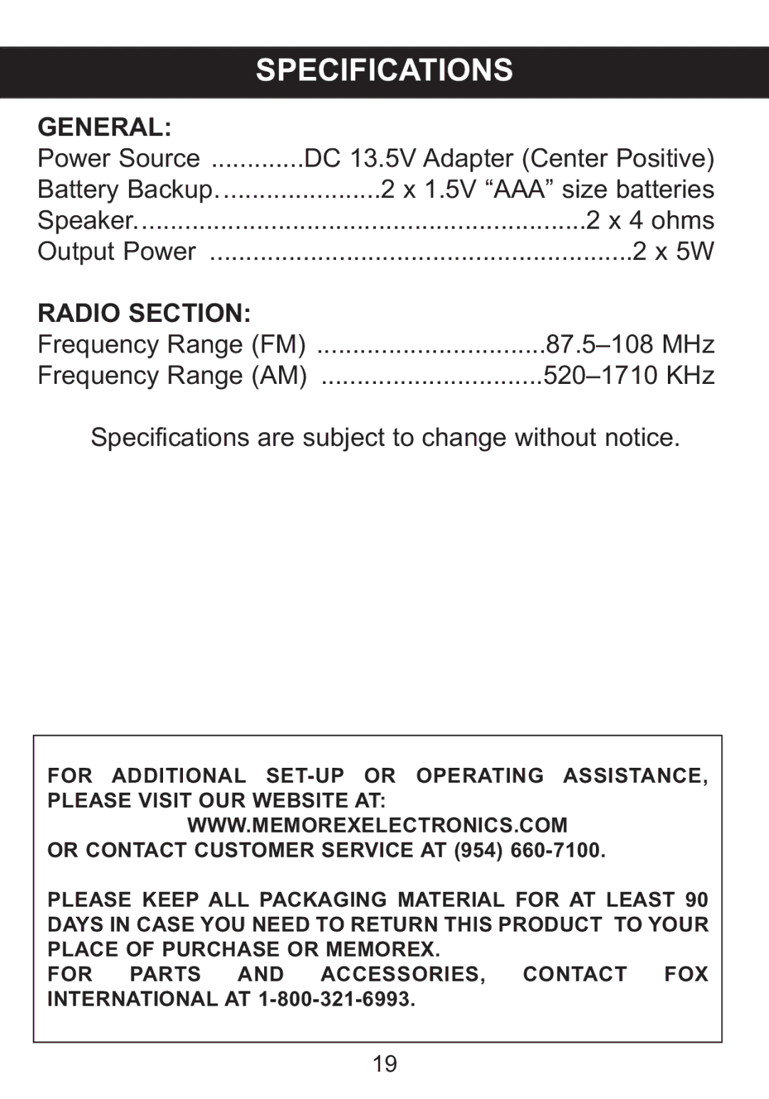 Memorex Mi4004 manual Specifications 