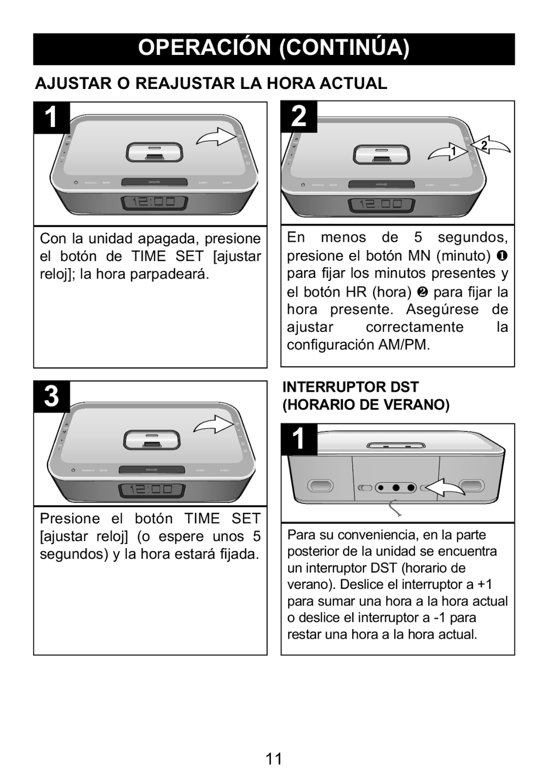 Memorex Mi4004 manual Ajustar O Reajustar LA Hora Actual, Interruptor DST Horario DE Verano 