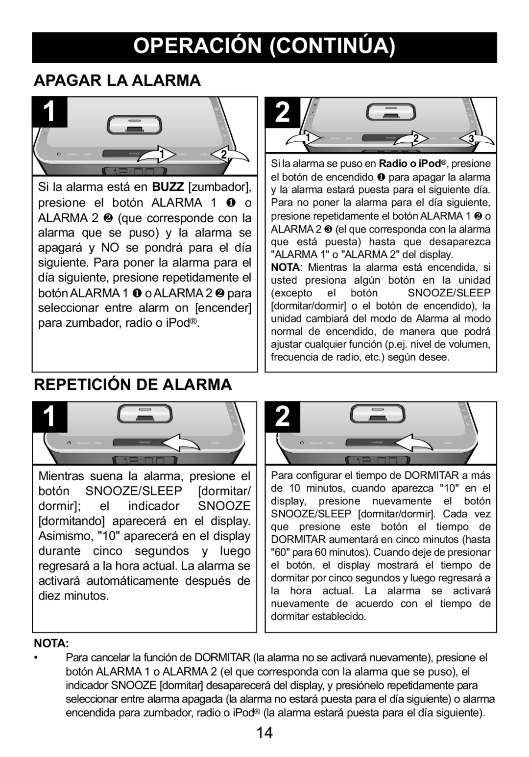 Memorex Mi4004 manual Apagar LA Alarma, Repetición DE Alarma, Nota 