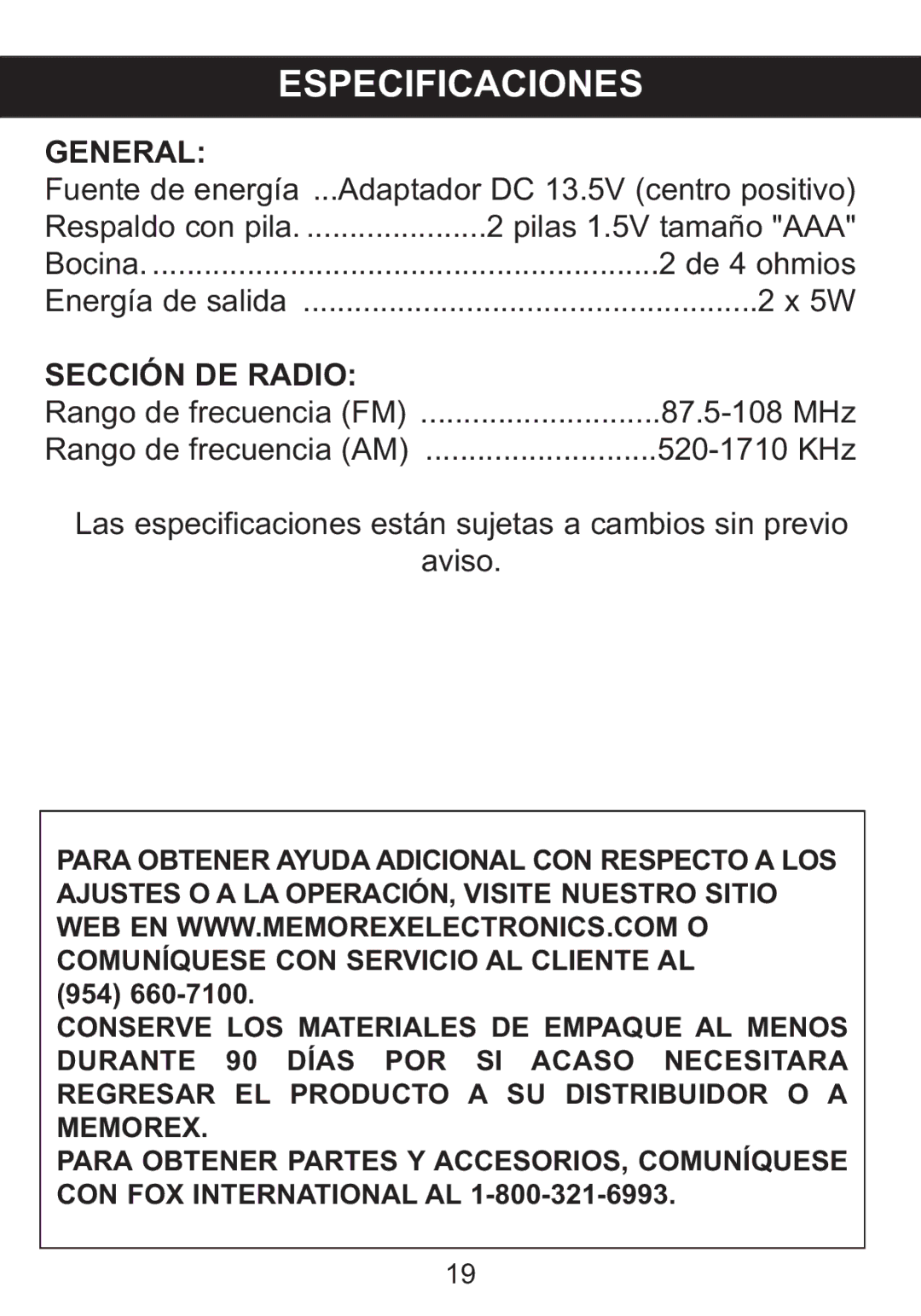 Memorex Mi4004 manual Especificaciones 