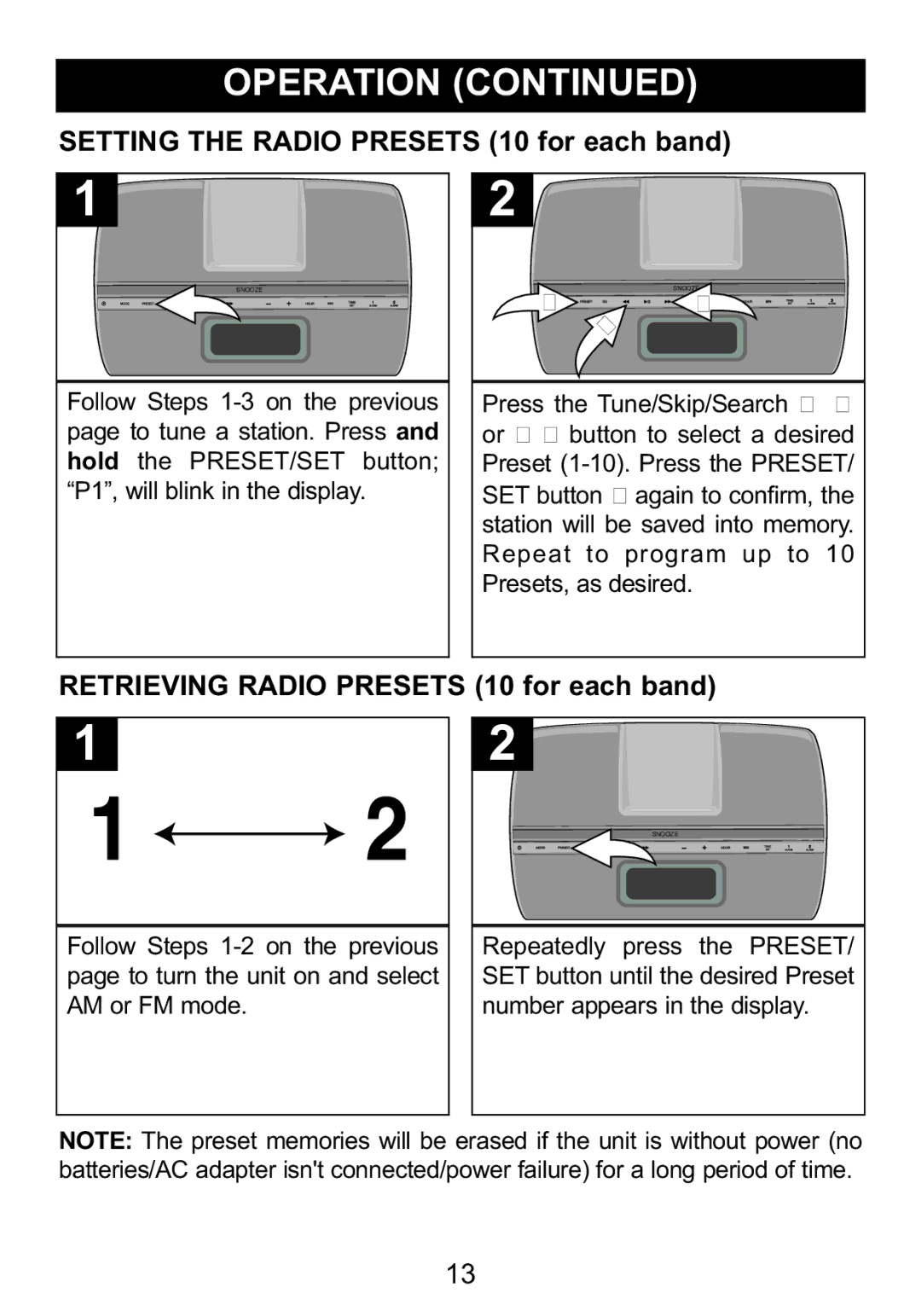 Memorex Mi4014 manual Setting the Radio Presets 10 for each band 