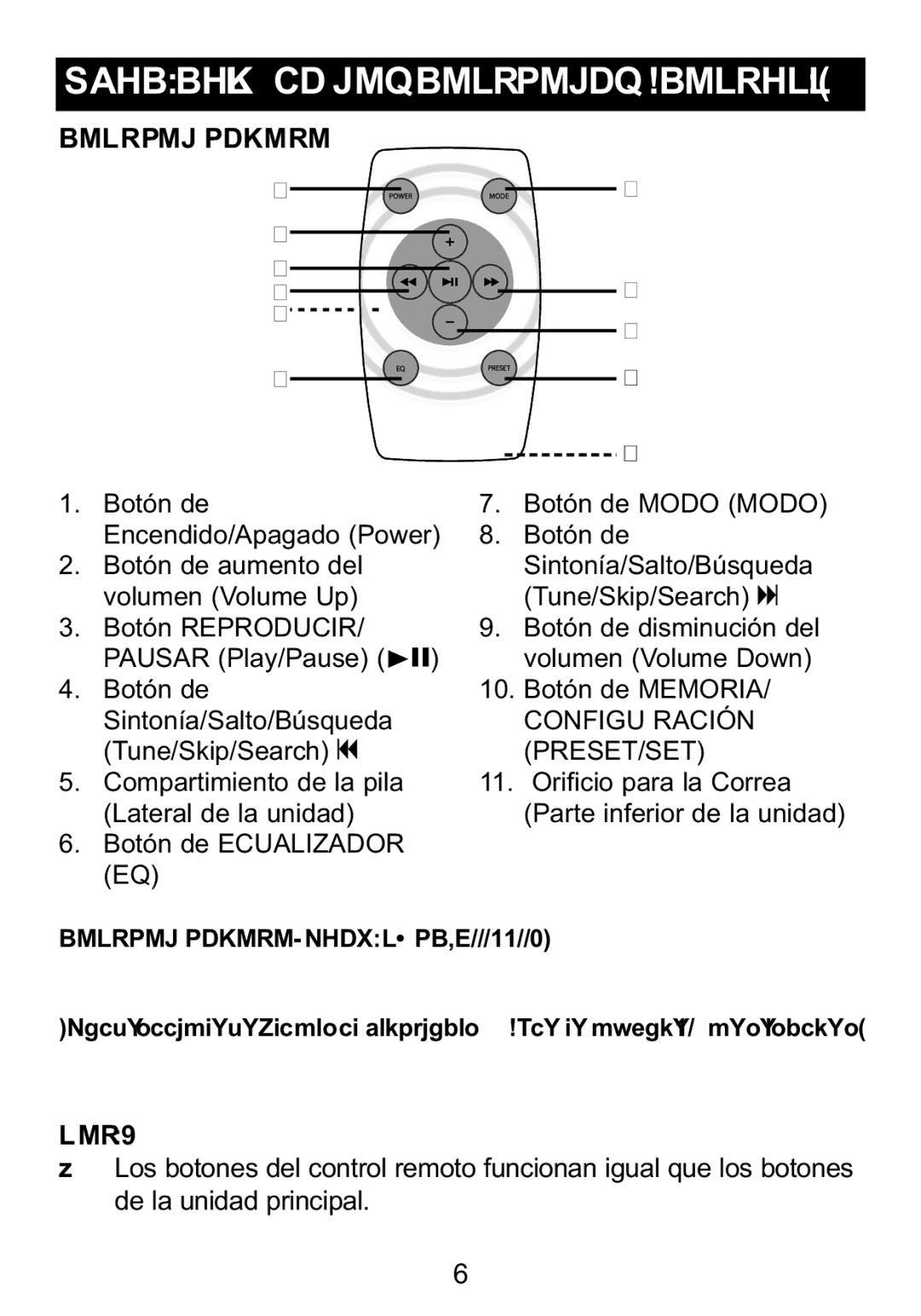 Memorex Mi4014 manual Control Remoto, Nota, Tune/Skip/Search o 