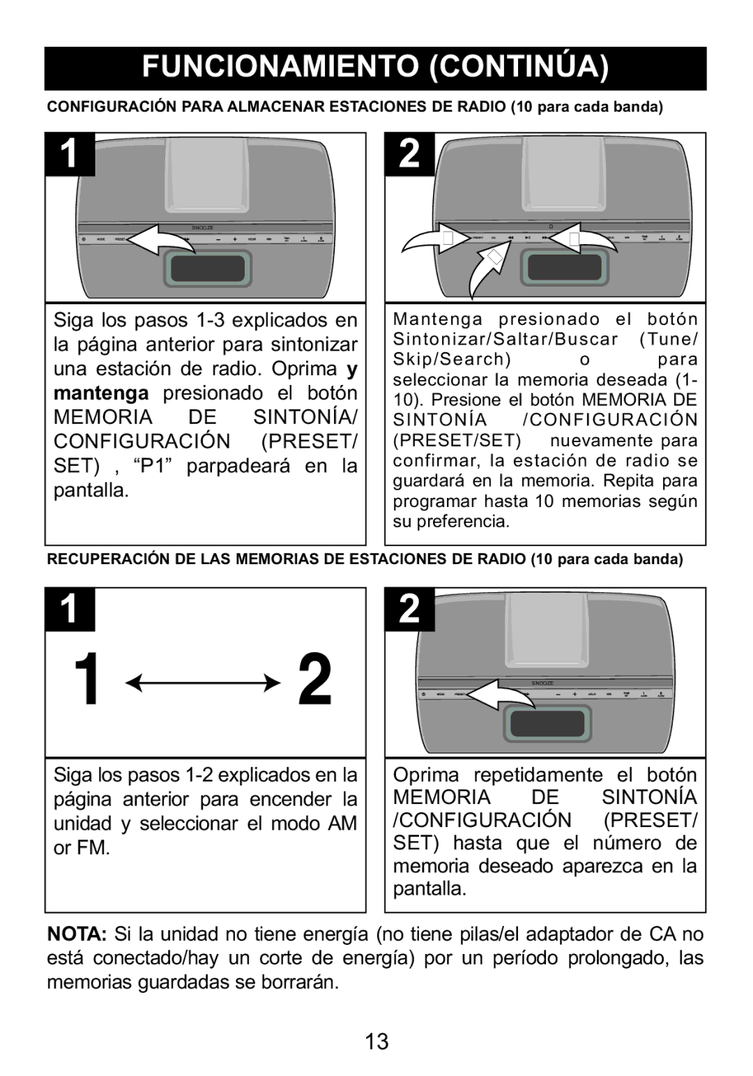 Memorex Mi4014 manual Siga los pasos 1-3 explicados en, La página anterior para sintonizar, Una estación de radio. Oprima y 