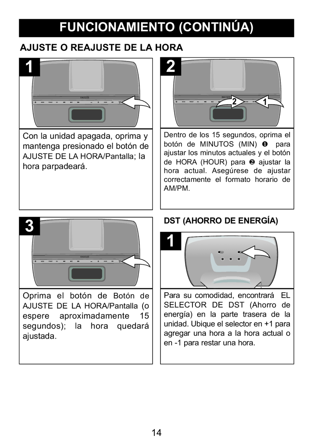 Memorex Mi4014 manual Ajuste O Reajuste DE LA Hora, DST Ahorro DE Energía 