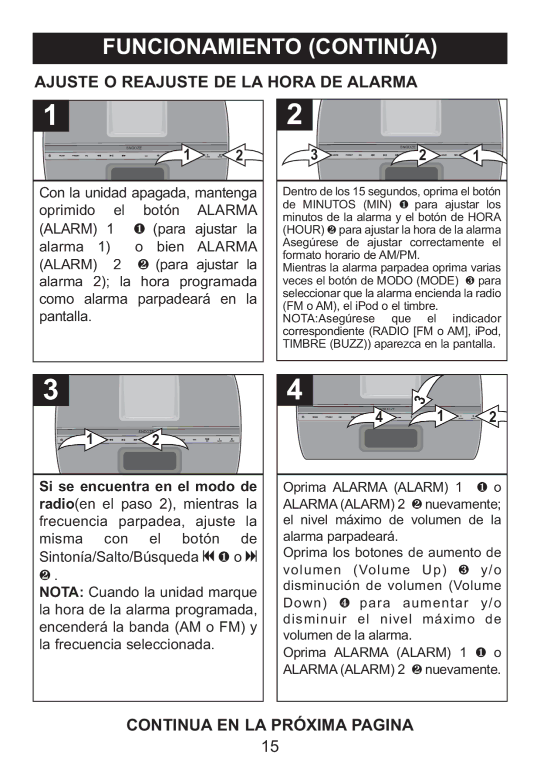 Memorex Mi4014 manual Ajuste O Reajuste DE LA Hora DE Alarma, Continua EN LA Próxima Pagina 