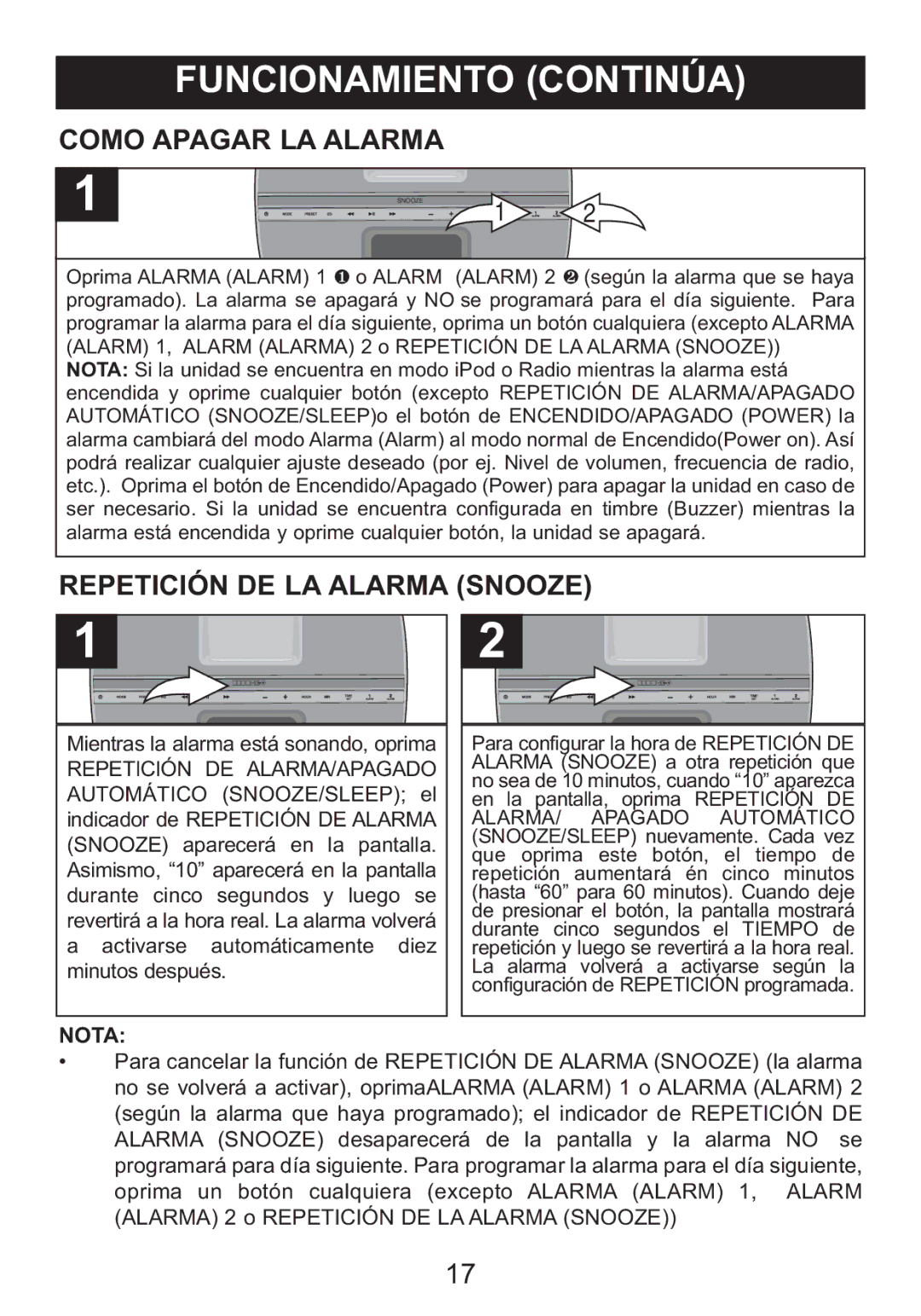 Memorex Mi4014 manual Como Apagar LA Alarma, Repetición DE LA Alarma Snooze, Nota 