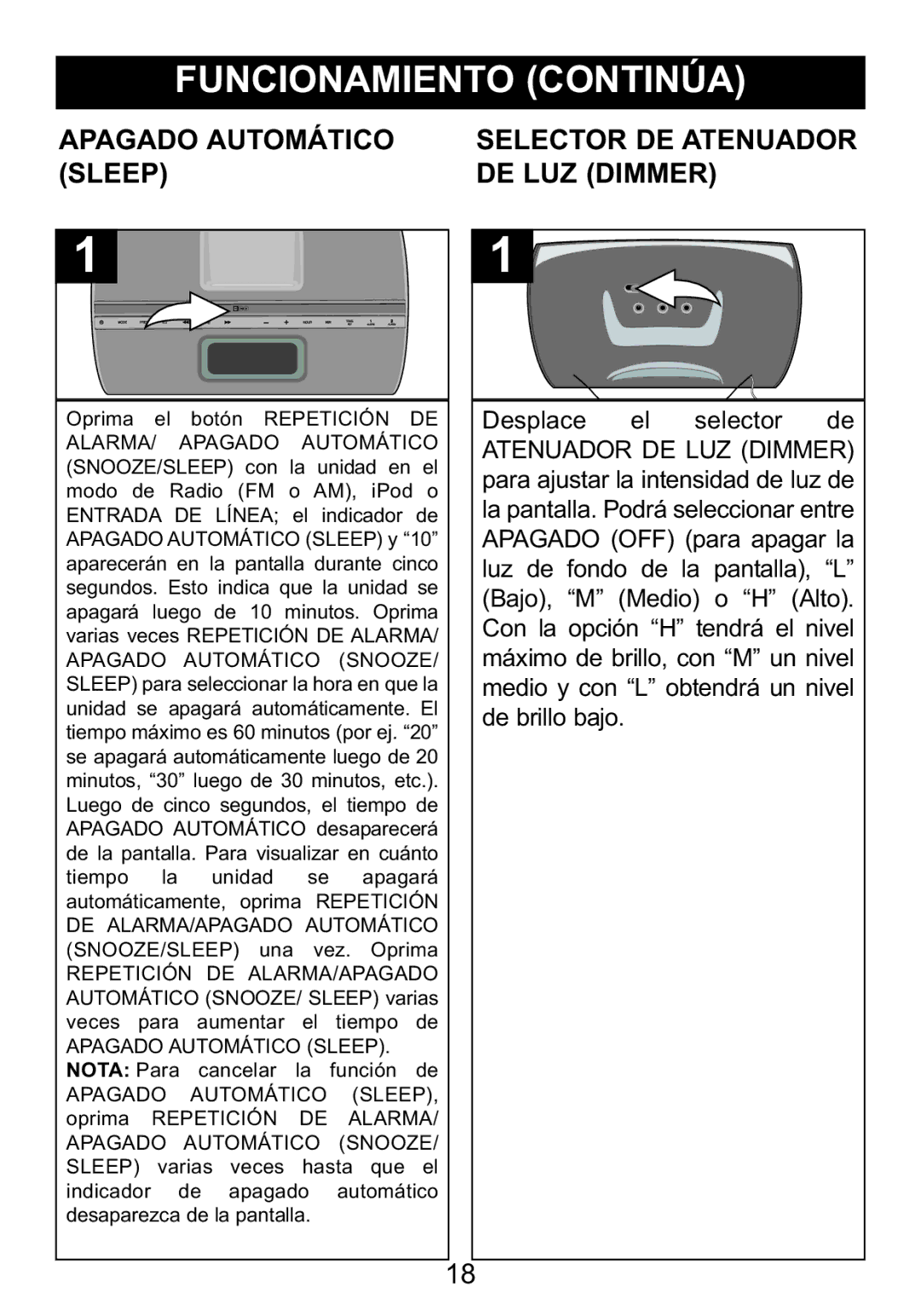 Memorex Mi4014 manual Apagado Automático Selector DE Atenuador Sleep DE LUZ Dimmer, Desplace el selector de 