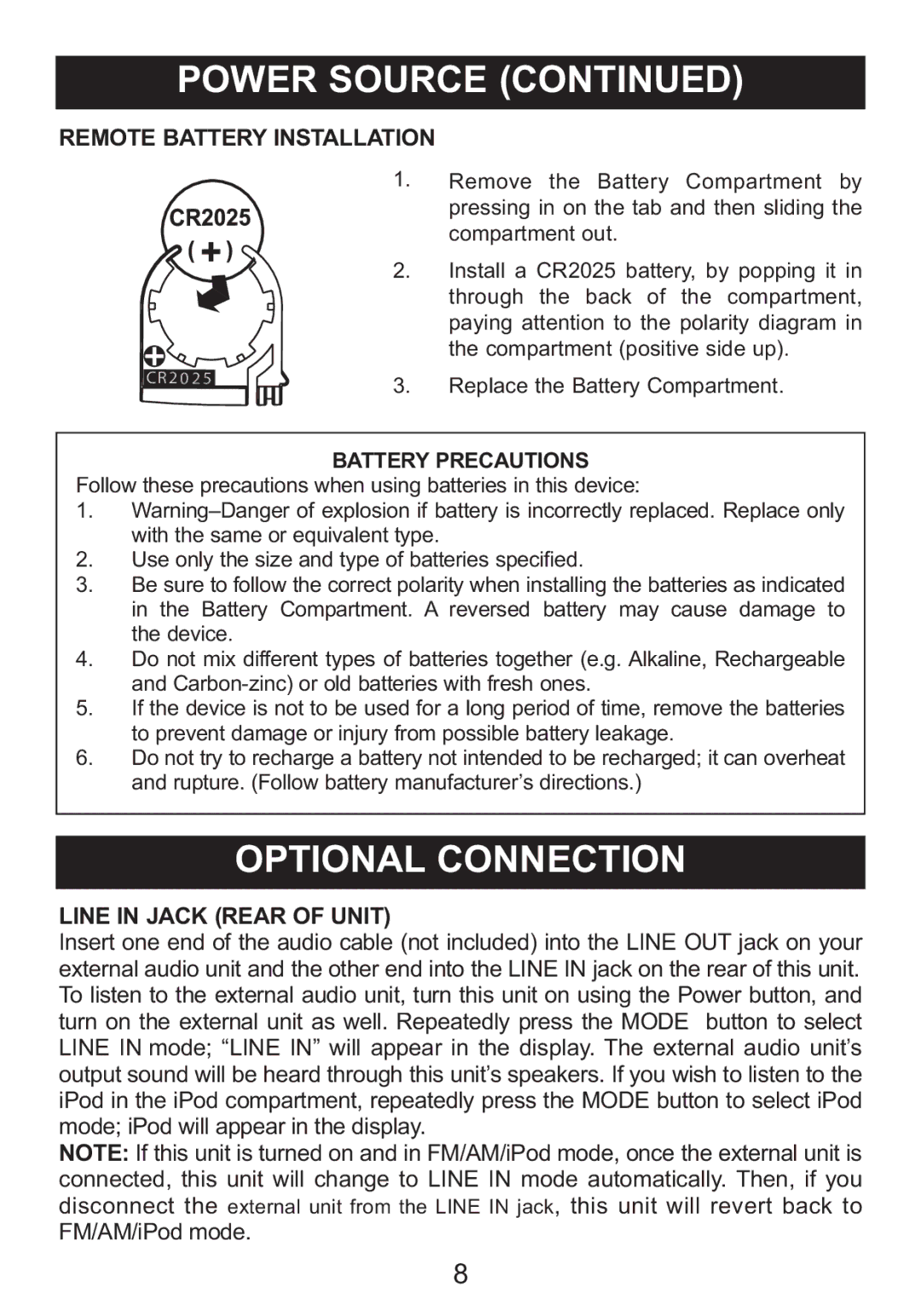 Memorex Mi4014 manual Line in Jack Rear of Unit, Remote Battery Installation, Battery Precautions 