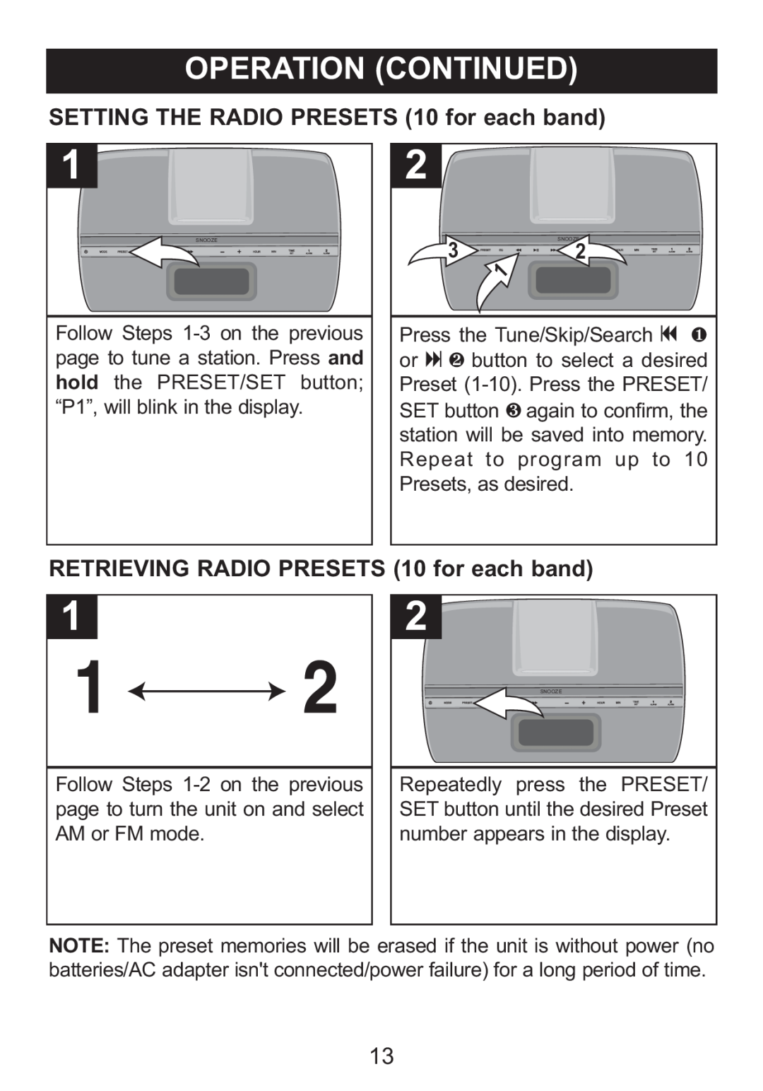 Memorex Mi4014 manual SETTING THE RADIO PRESETS 10 for each band, RETRIEVING RADIO PRESETS 10 for each band 
