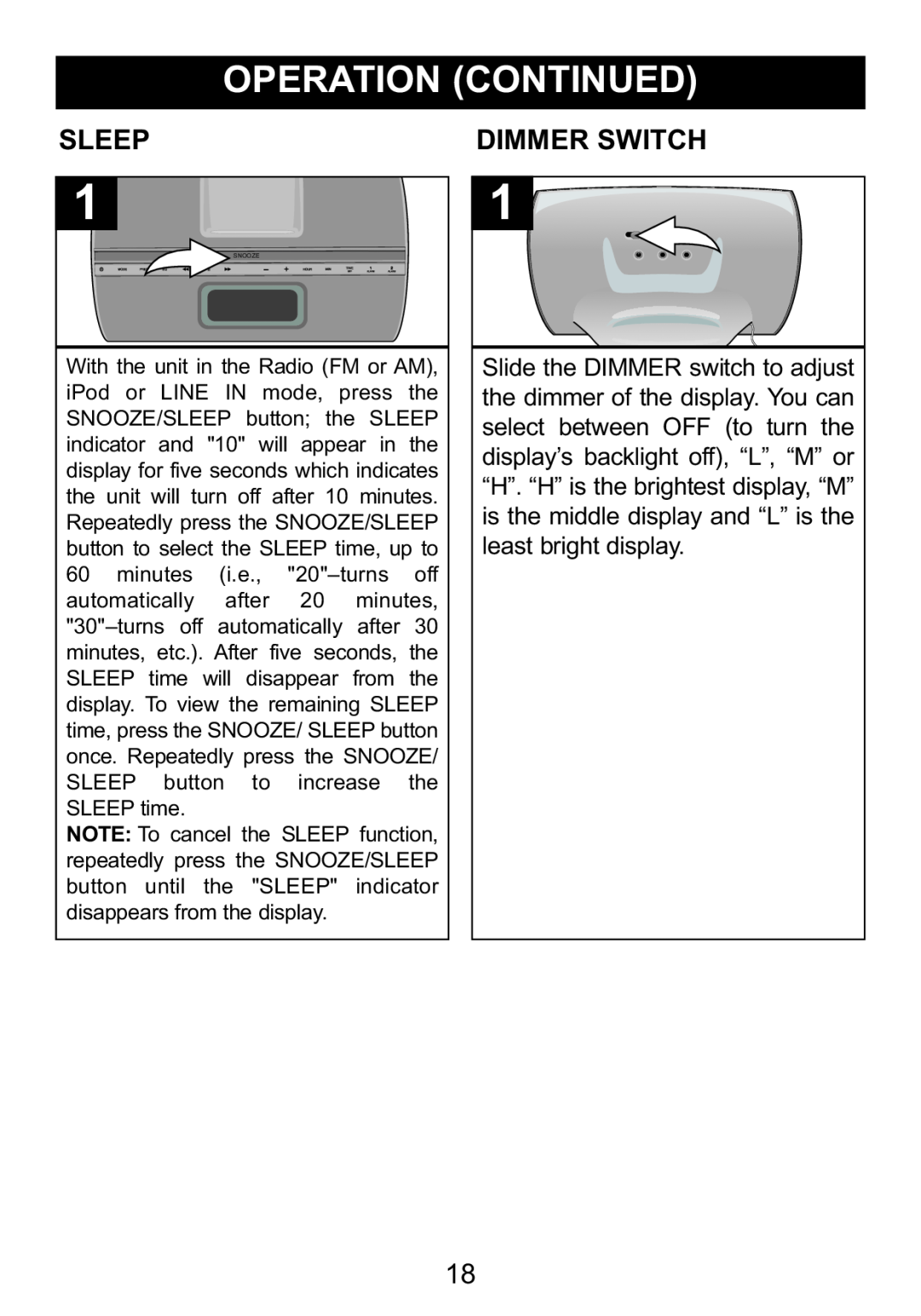 Memorex Mi4014 manual Sleep, Dimmer Switch 