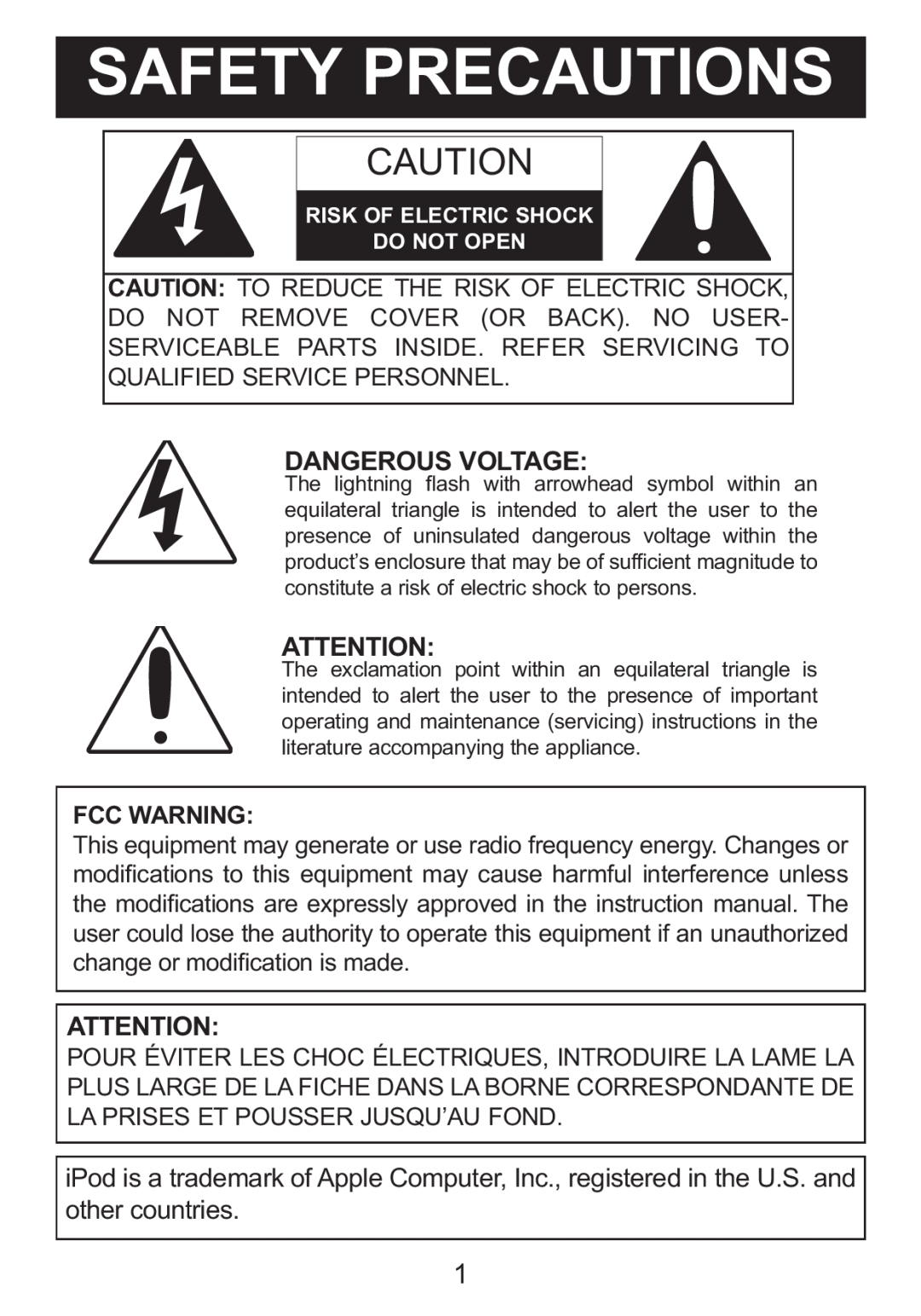 Memorex Mi4014 manual Safety Precautions, Dangerous Voltage, Fcc Warning 