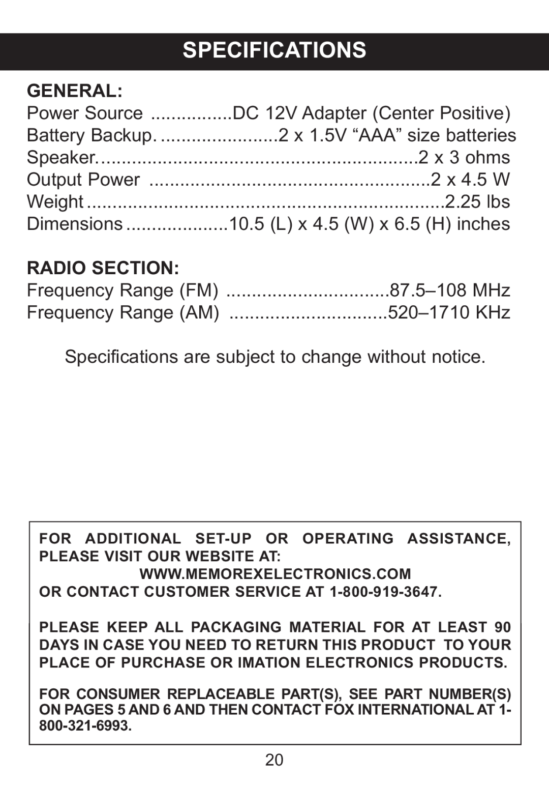 Memorex Mi4014 manual Specifications 