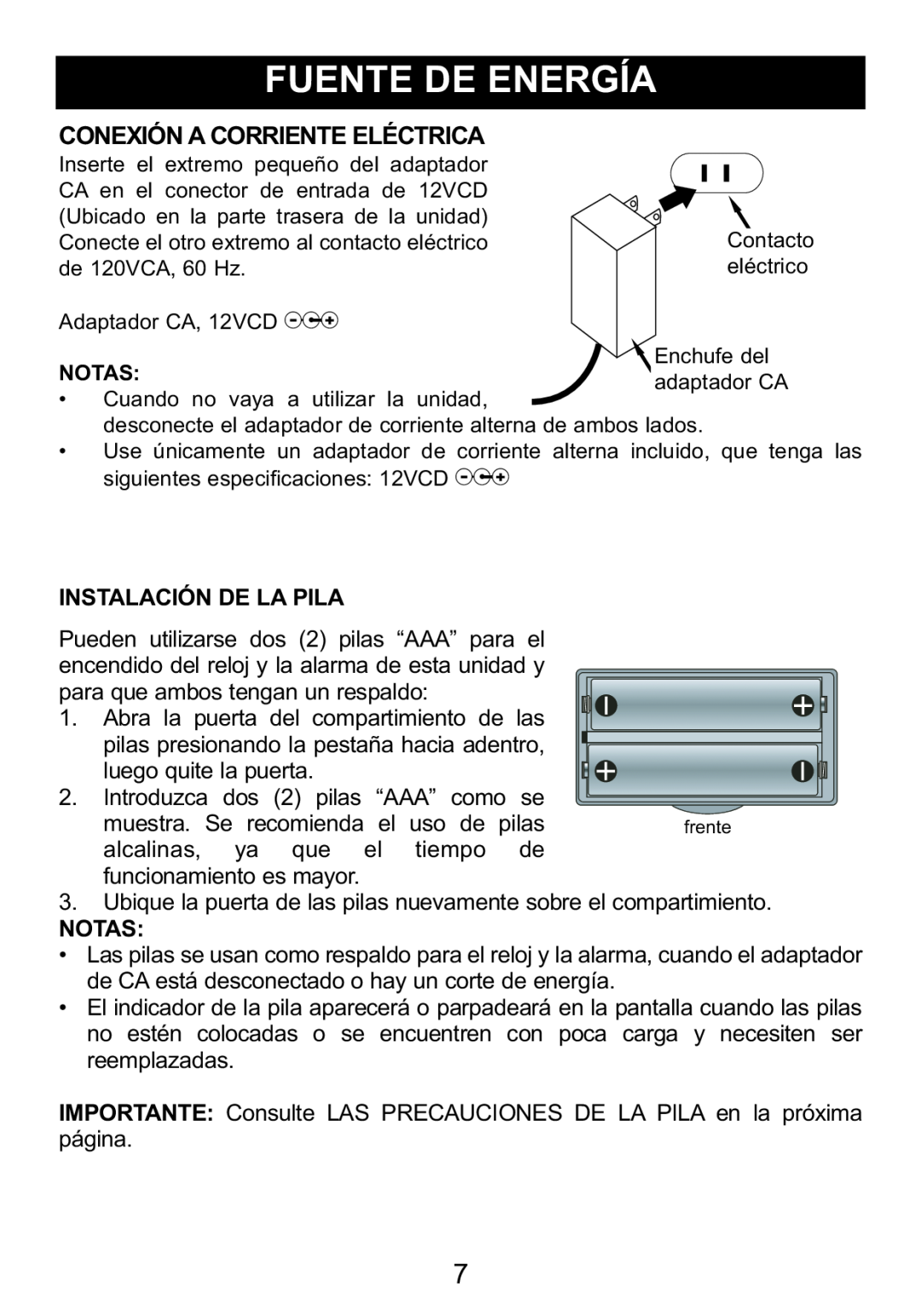 Memorex Mi4014 manual Conexióna Corrienteeléctrica, Instalación De La Pila, Notas 
